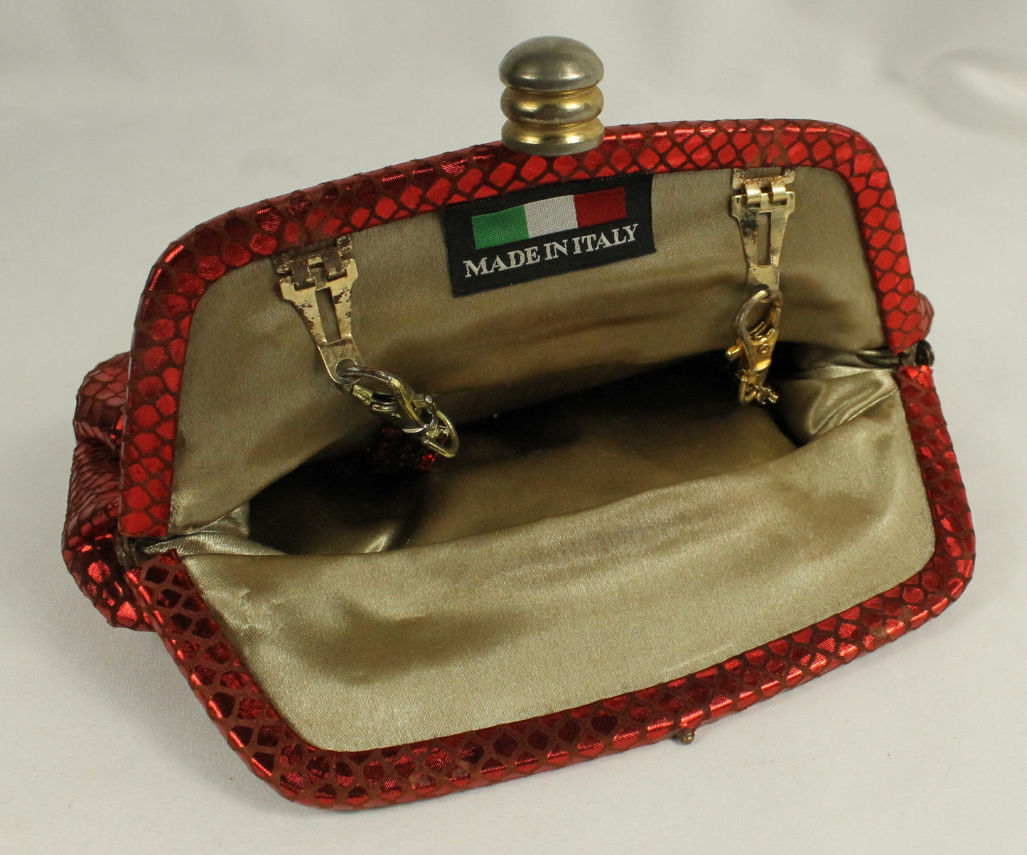 Red Rhinestone Clutch Purse | Metallic Snakeskin Embossed Evening Bag with Detachable Chain