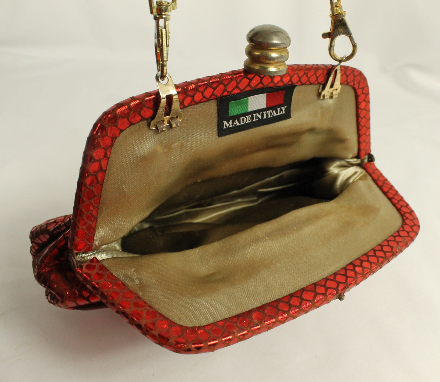 Red Rhinestone Clutch Purse | Metallic Snakeskin Embossed Evening Bag with Detachable Chain