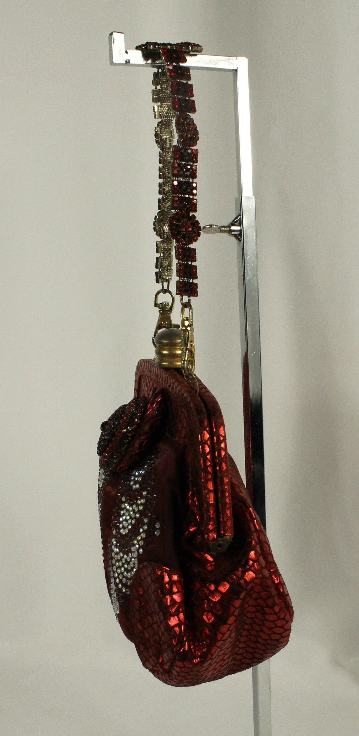 Red Rhinestone Clutch Purse | Metallic Snakeskin Embossed Evening Bag with Detachable Chain