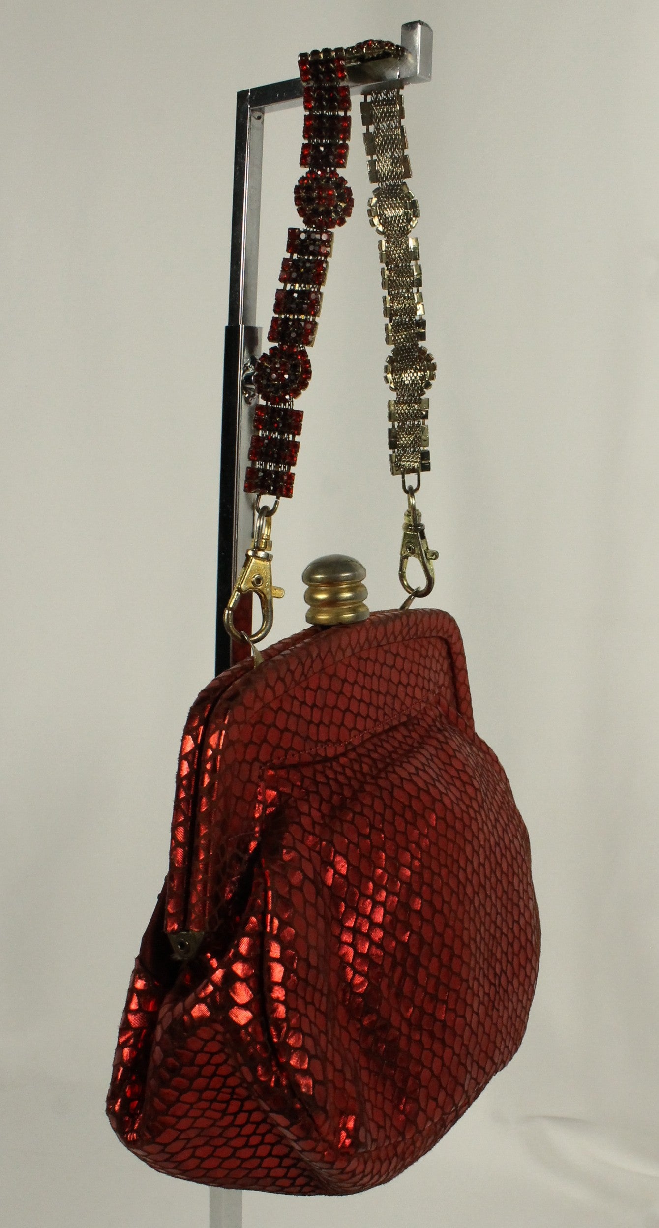 Red Rhinestone Clutch Purse | Metallic Snakeskin Embossed Evening Bag with Detachable Chain