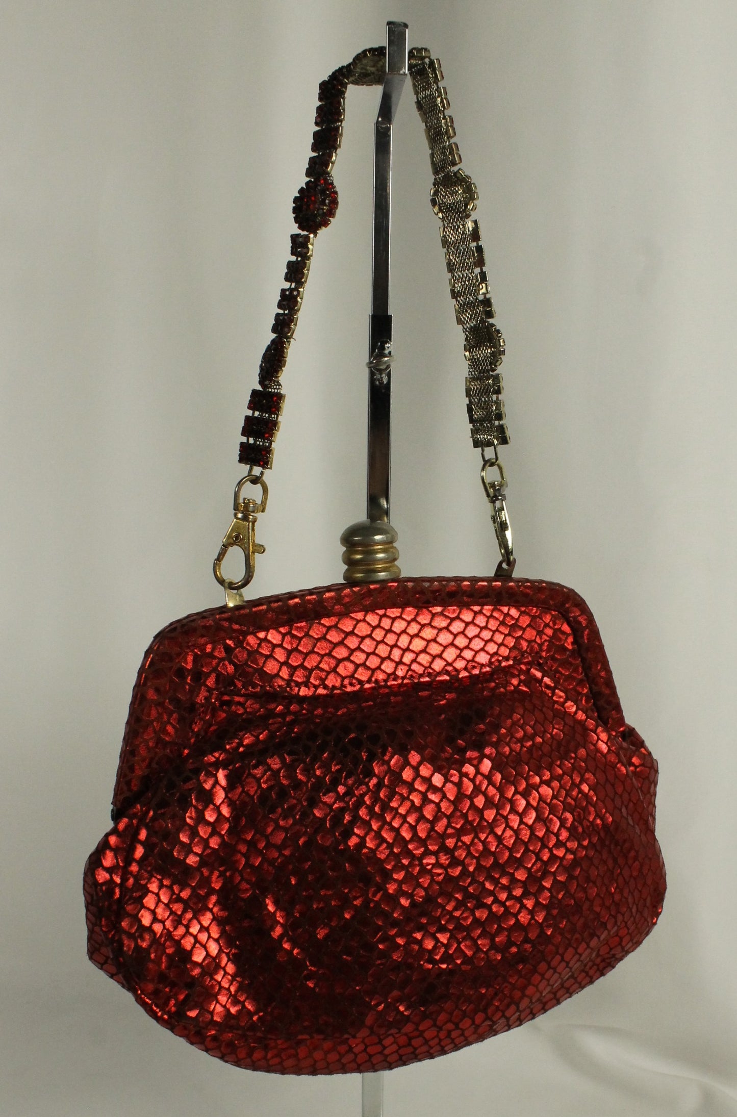 Red Rhinestone Clutch Purse | Metallic Snakeskin Embossed Evening Bag with Detachable Chain