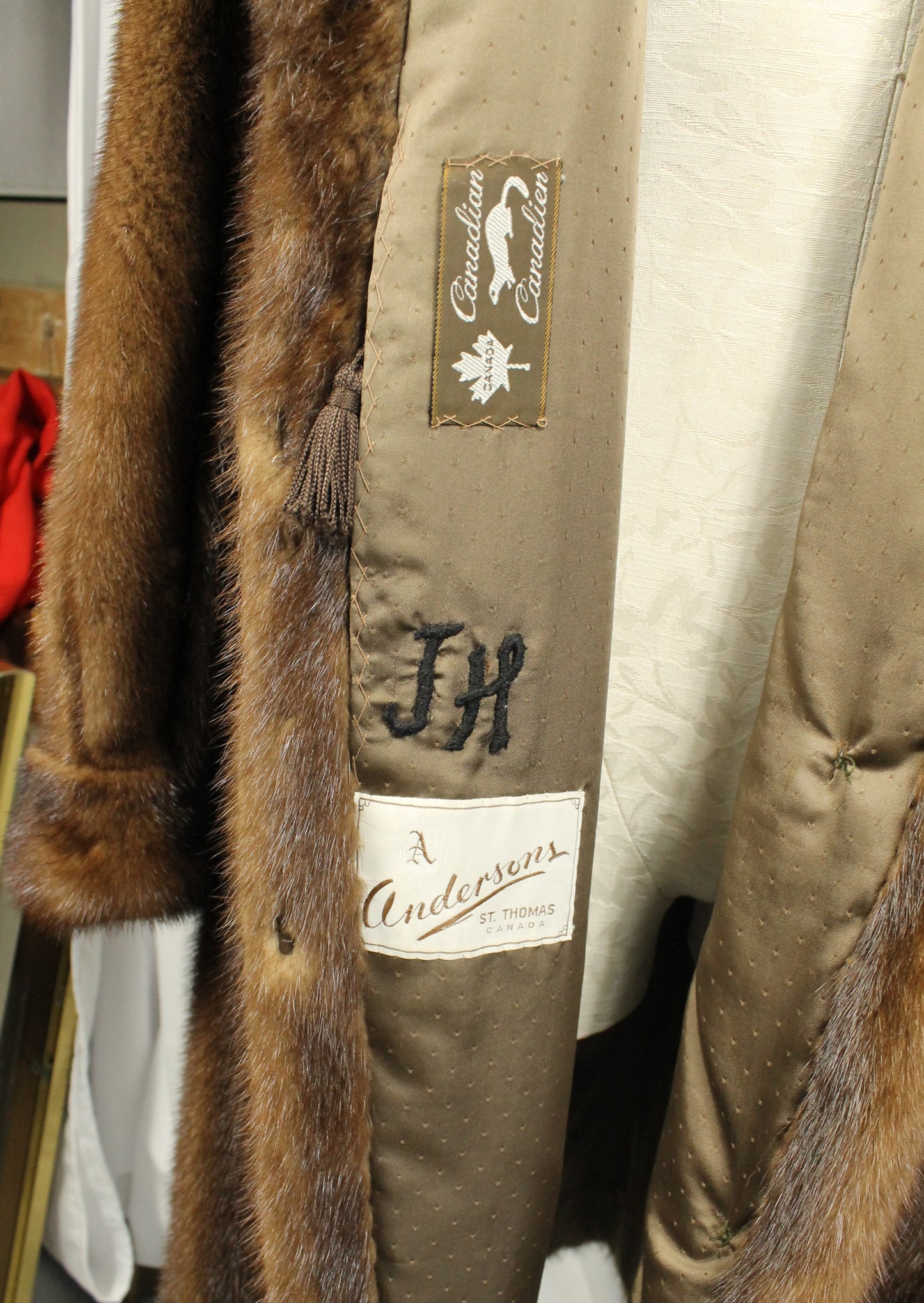 Elegant Vintage Mink Fur Coat with Shawl Collar, Monogrammed Lining Size XXL