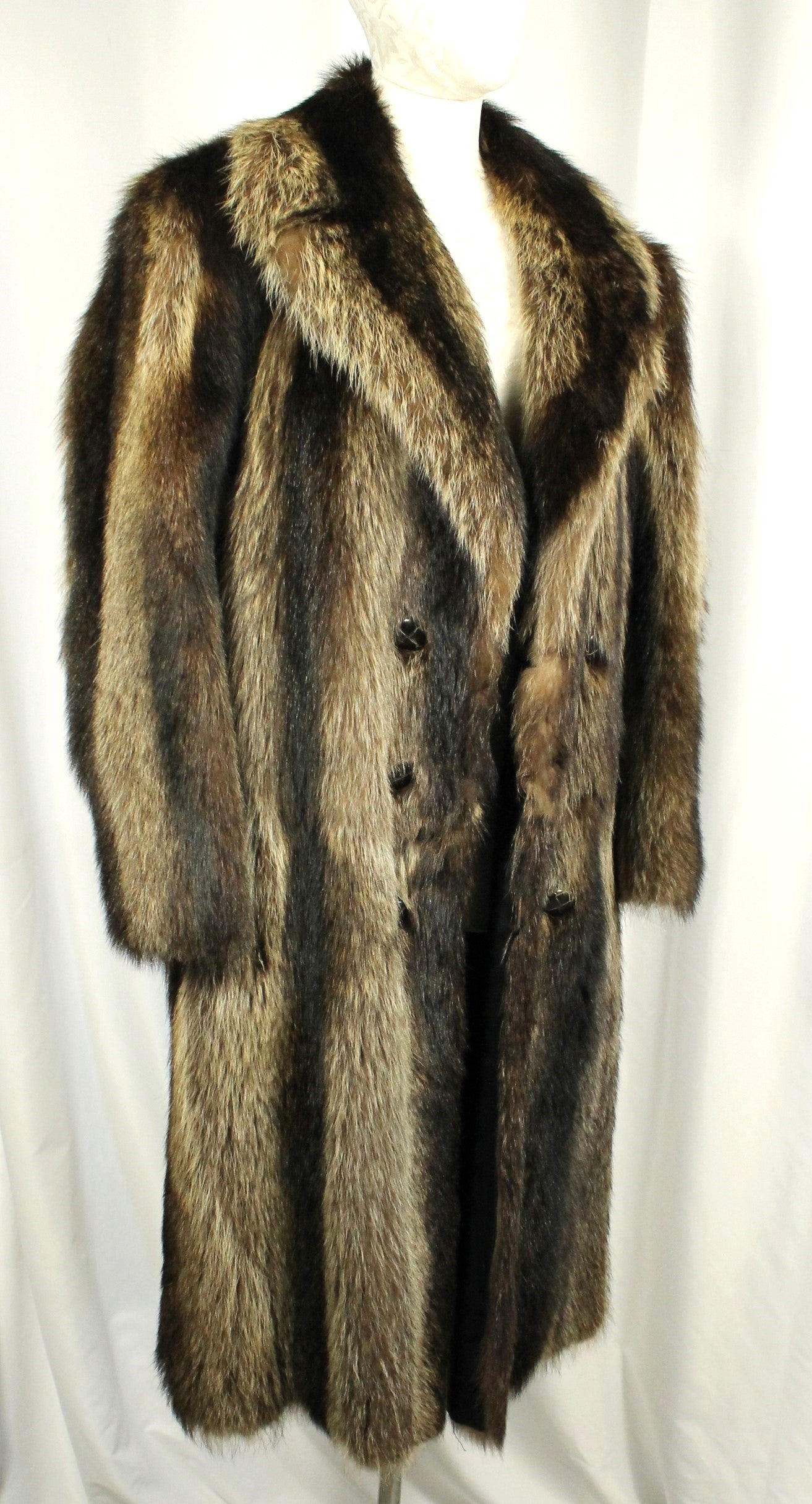 Dramatic Vintage Long-Haired Striped Fur Coat Size XXL - Full Length with Wide Collar - Made in Canada
