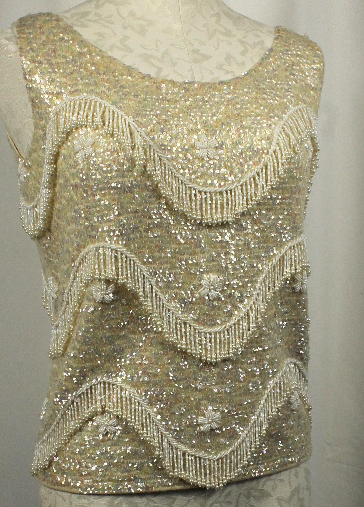 Vintage Hand-Beaded Wool Sleeveless Top – Made in Hong Kong, Size 36/Medium