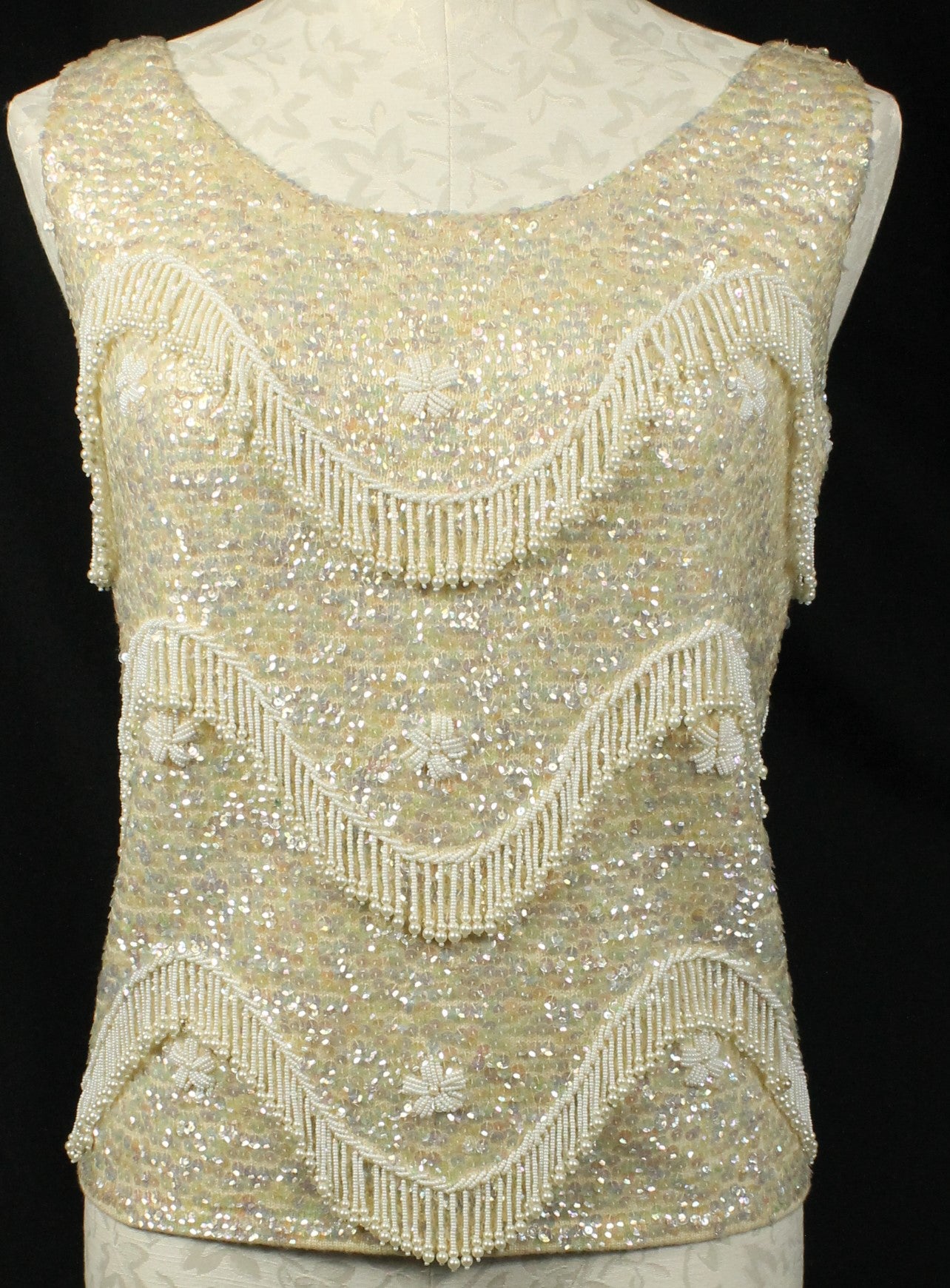 Vintage Hand-Beaded Wool Sleeveless Top – Made in Hong Kong, Size 36/Medium