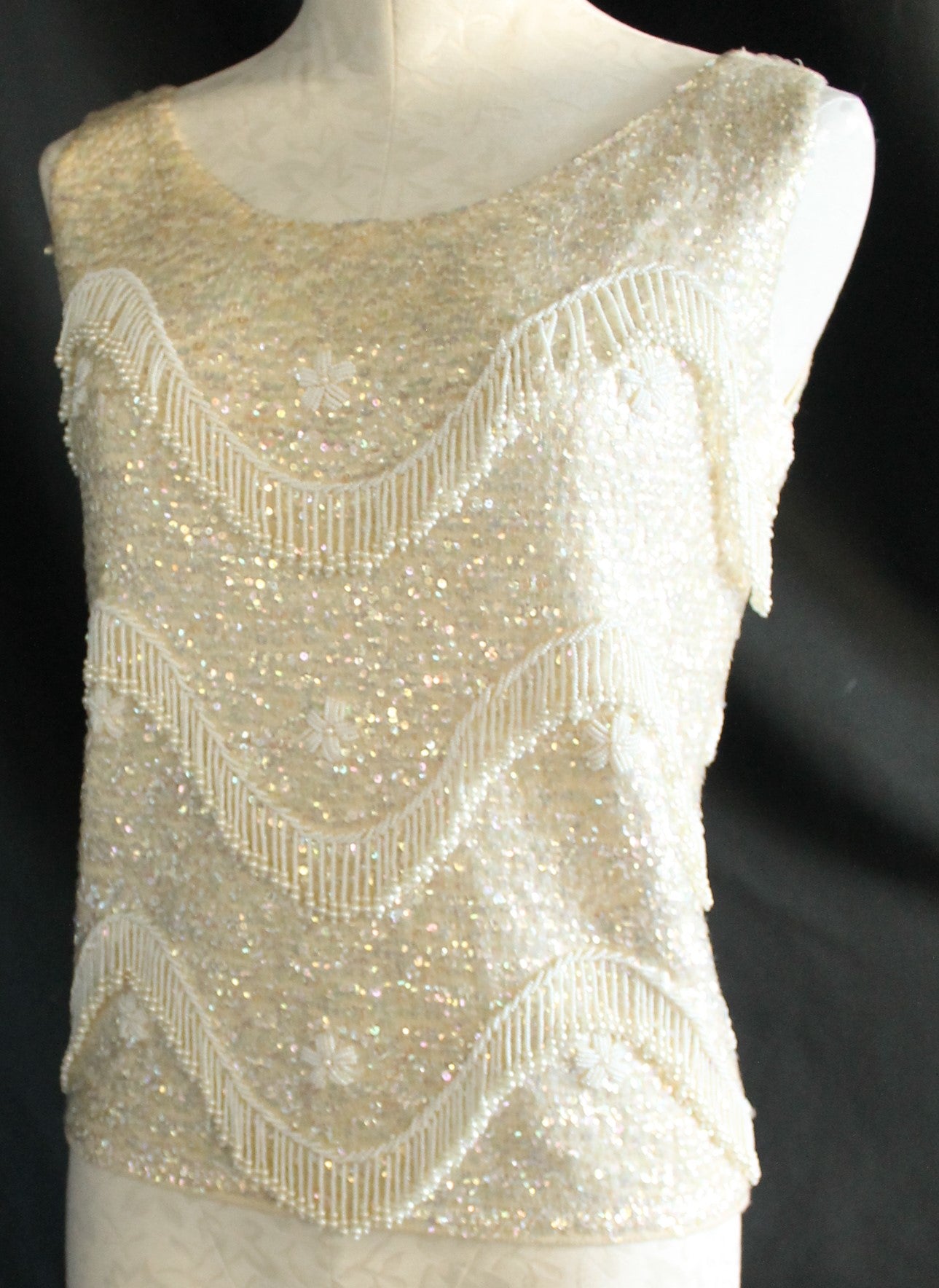 Vintage Hand-Beaded Wool Sleeveless Top – Made in Hong Kong, Size 36/Medium