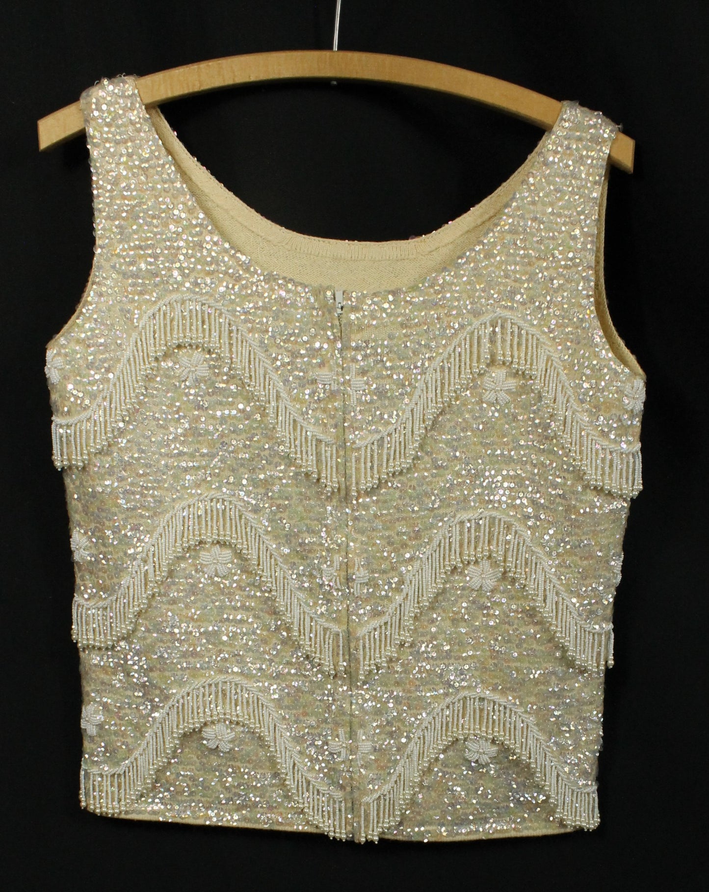 Vintage Hand-Beaded Wool Sleeveless Top – Made in Hong Kong, Size 36/Medium