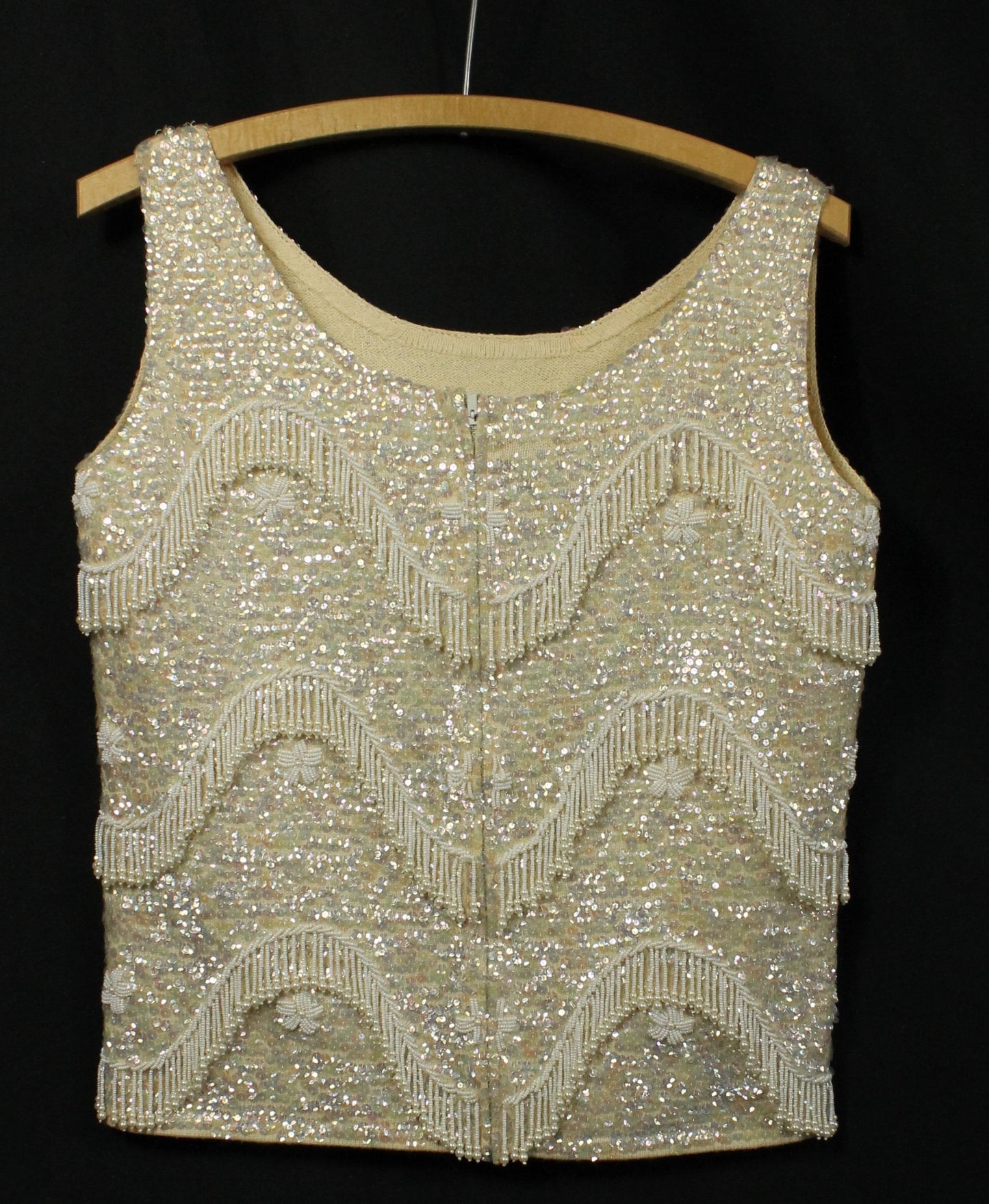 Vintage Hand-Beaded Wool Sleeveless Top – Made in Hong Kong, Size 36/Medium