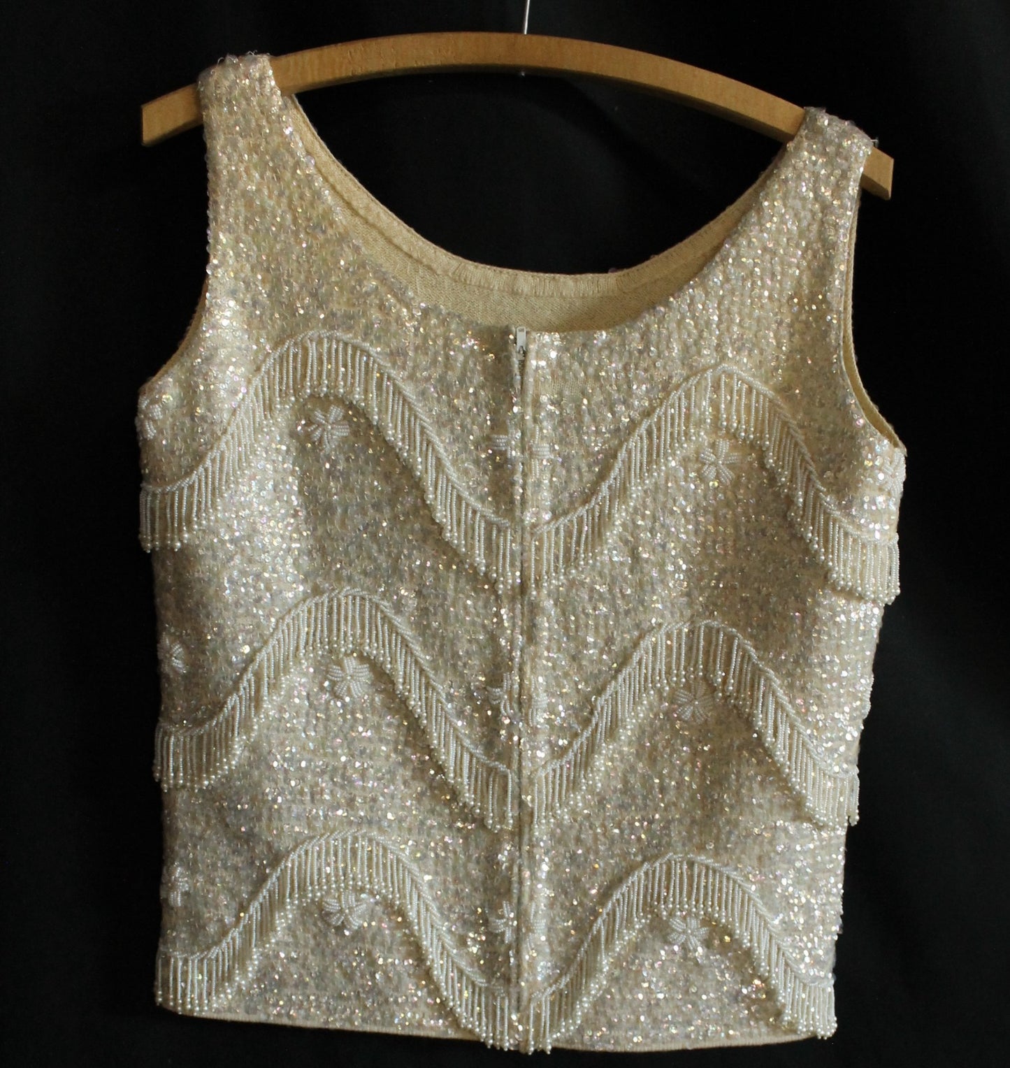 Vintage Hand-Beaded Wool Sleeveless Top – Made in Hong Kong, Size 36/Medium