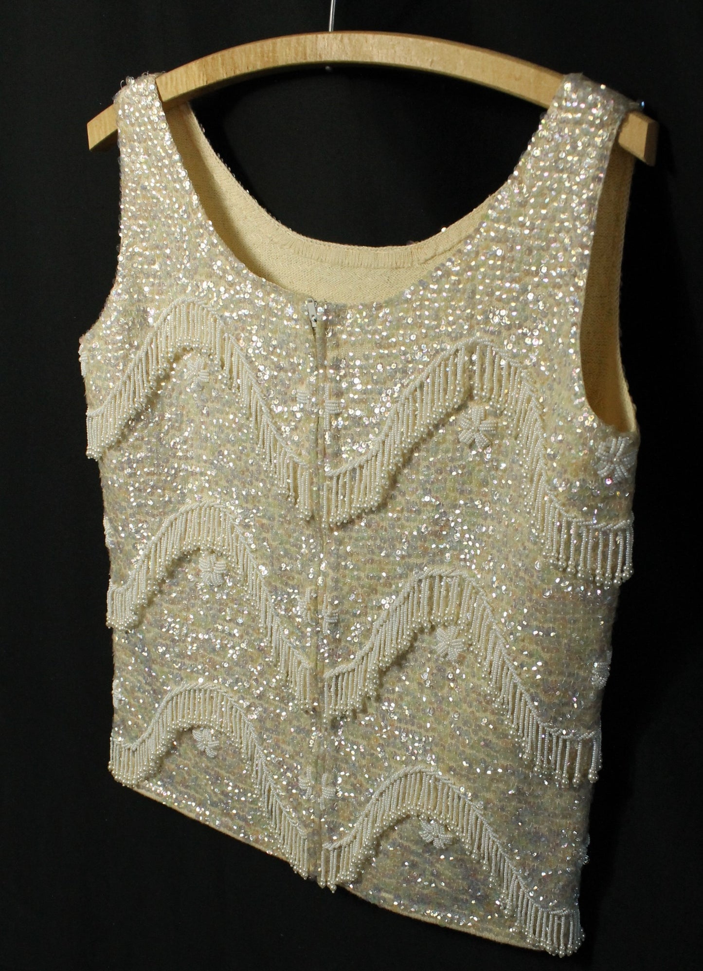 Vintage Hand-Beaded Wool Sleeveless Top – Made in Hong Kong, Size 36/Medium