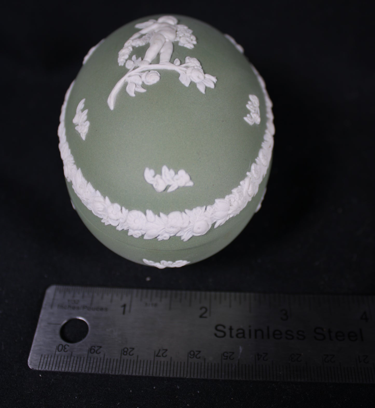 Wedgwood Celadon Green Jasperware Egg Trinket Box with White Bas-Relief Cherub Set of Two