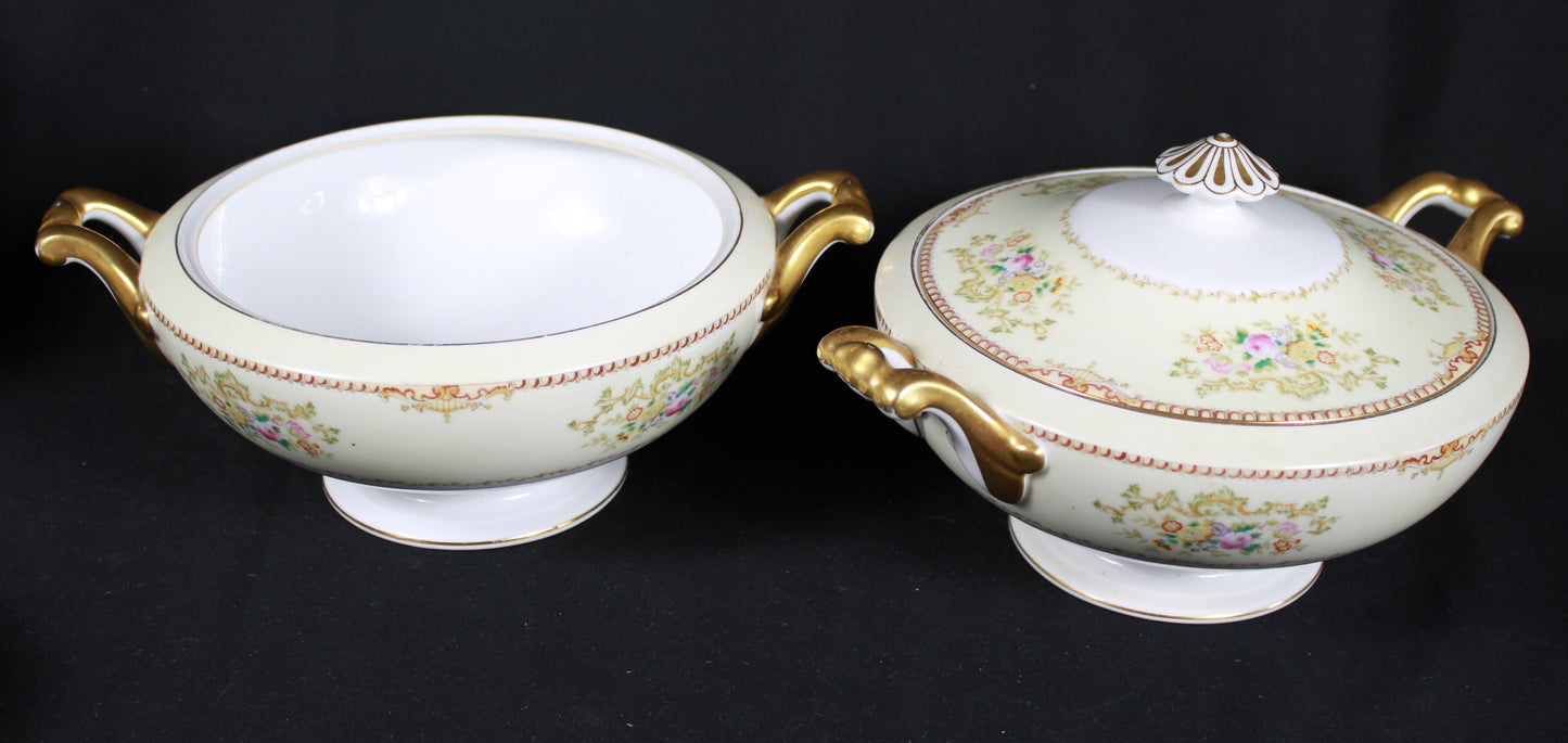 44 Piece Vintage Meito China Hand Painted Floral Service with Yellow Band and Gold Gilt