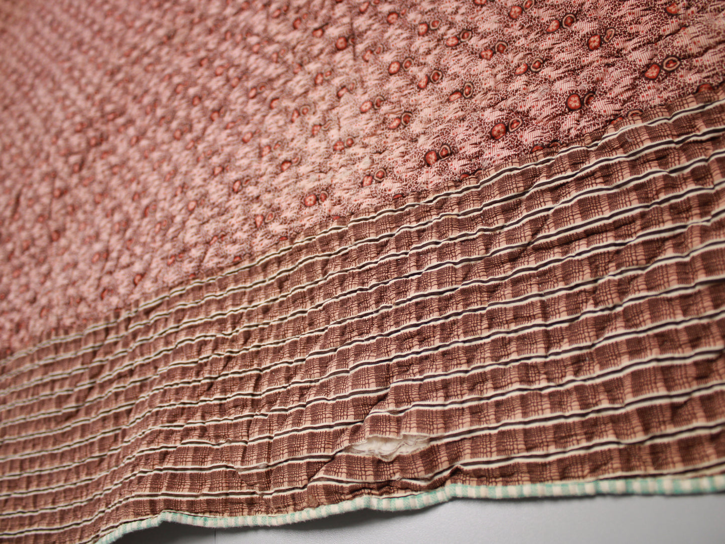Late 19th Century Geometric Block Quilt in Pink, white, Green, and Brown Size - Single