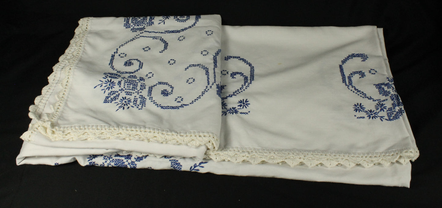 Hand Embroidered Cross-Stitch Blue/White Tablecloth