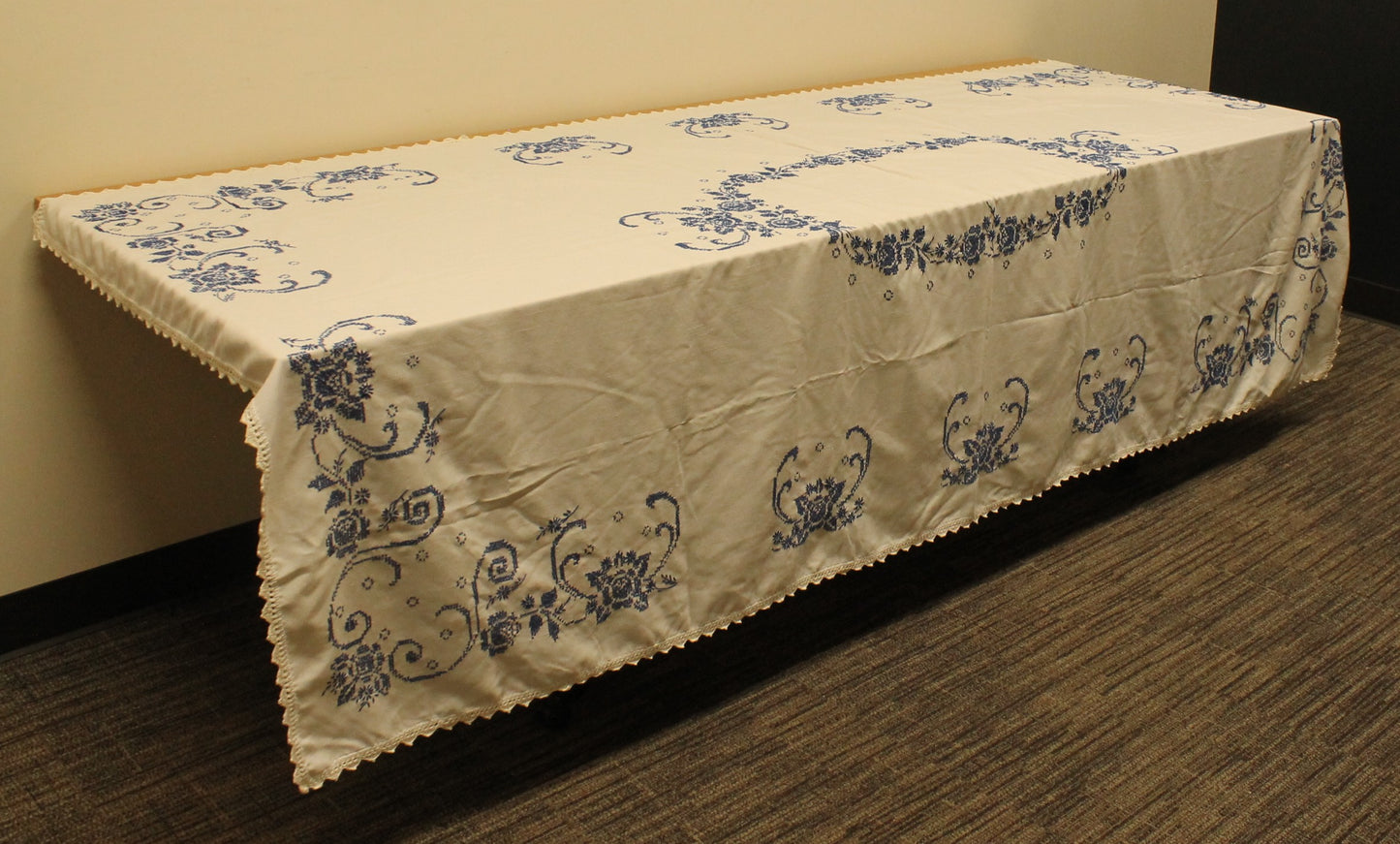 Hand Embroidered Cross-Stitch Blue/White Tablecloth