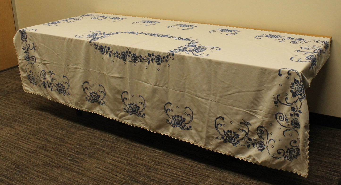 Hand Embroidered Cross-Stitch Blue/White Tablecloth
