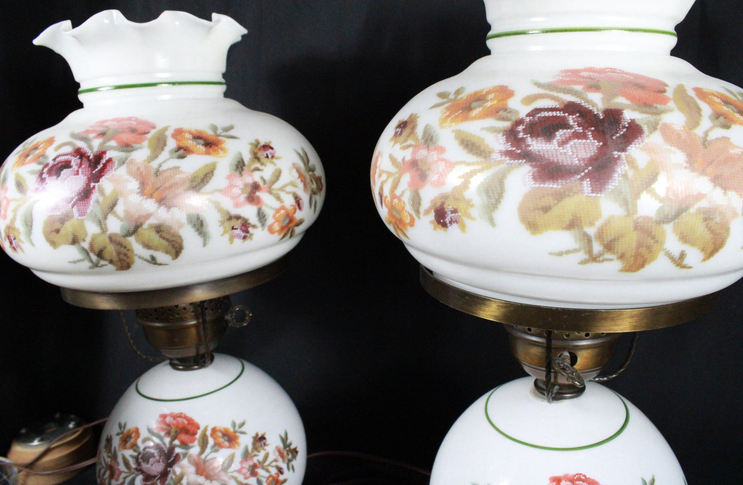 Set of Three Vintage Floral Hurricane Lamp Pair with Milk Glass Shades