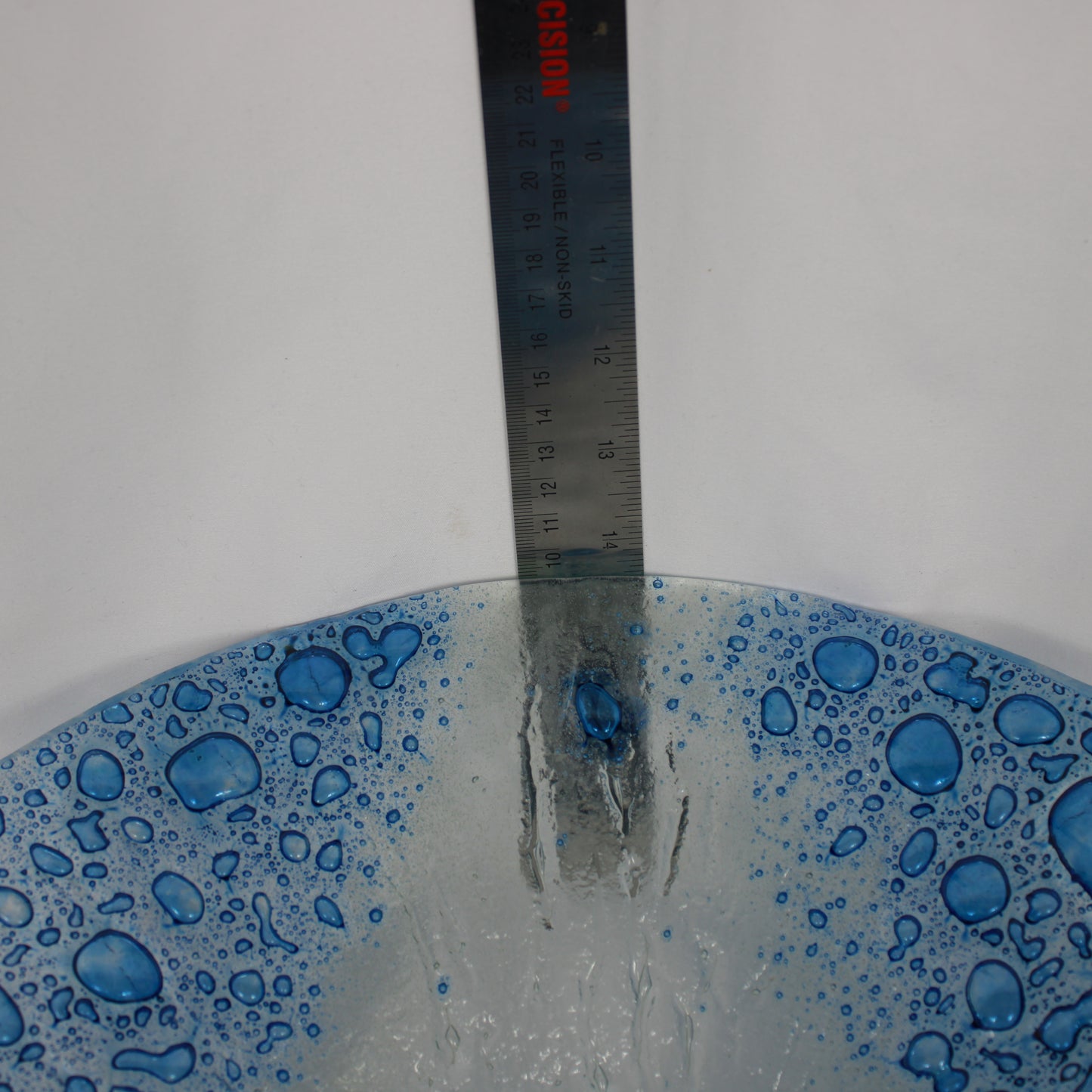 Modern Blue Water Drop Textured Fused Glass Pedestal Bowl Statement Piece