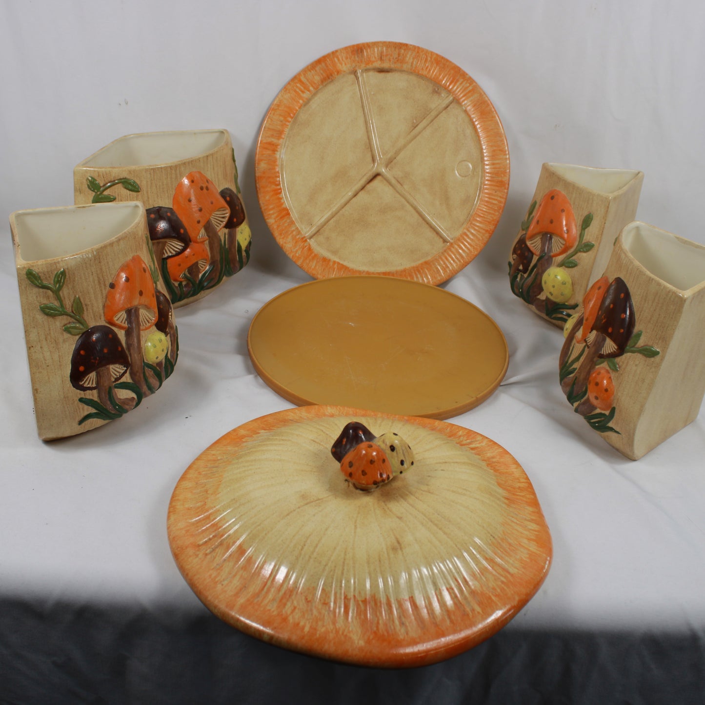 Ceramic Mushroom Lazy Susan Canister Set - 7 Pieces