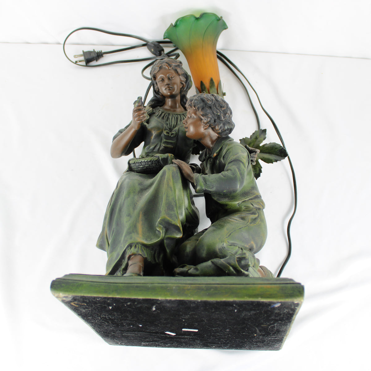 Art Nouveau Style Figural Table Lamp with Green and Amber Glass Lily Shade