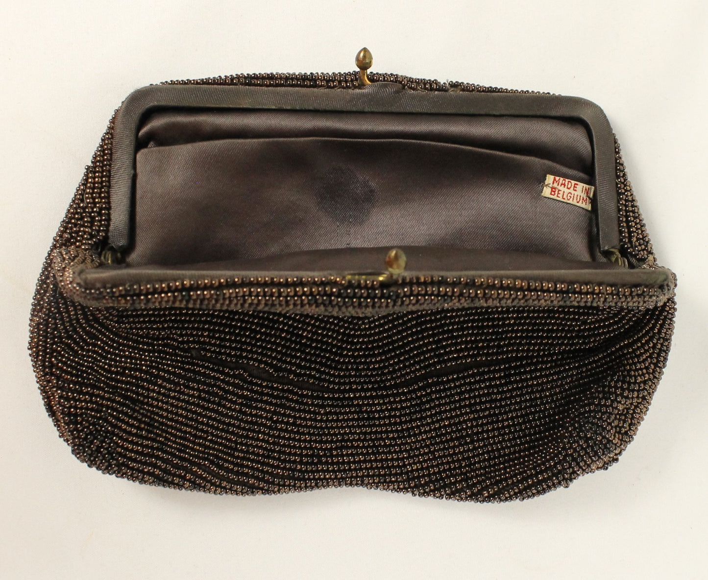 Exquisite Hand-Beaded Pouch Clutch - Belgian Vintage - Brown Bronze Wavy Pattern