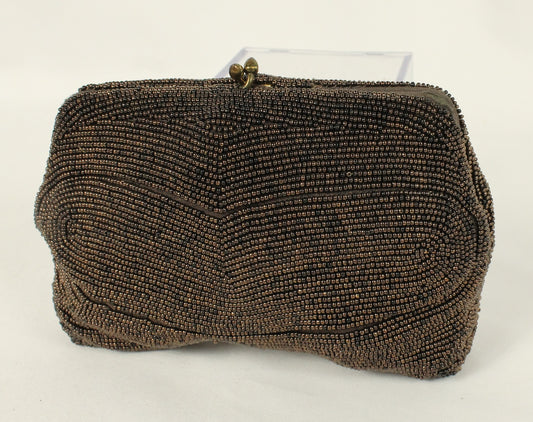 Exquisite Hand-Beaded Pouch Clutch - Belgian Vintage - Brown Bronze Wavy Pattern