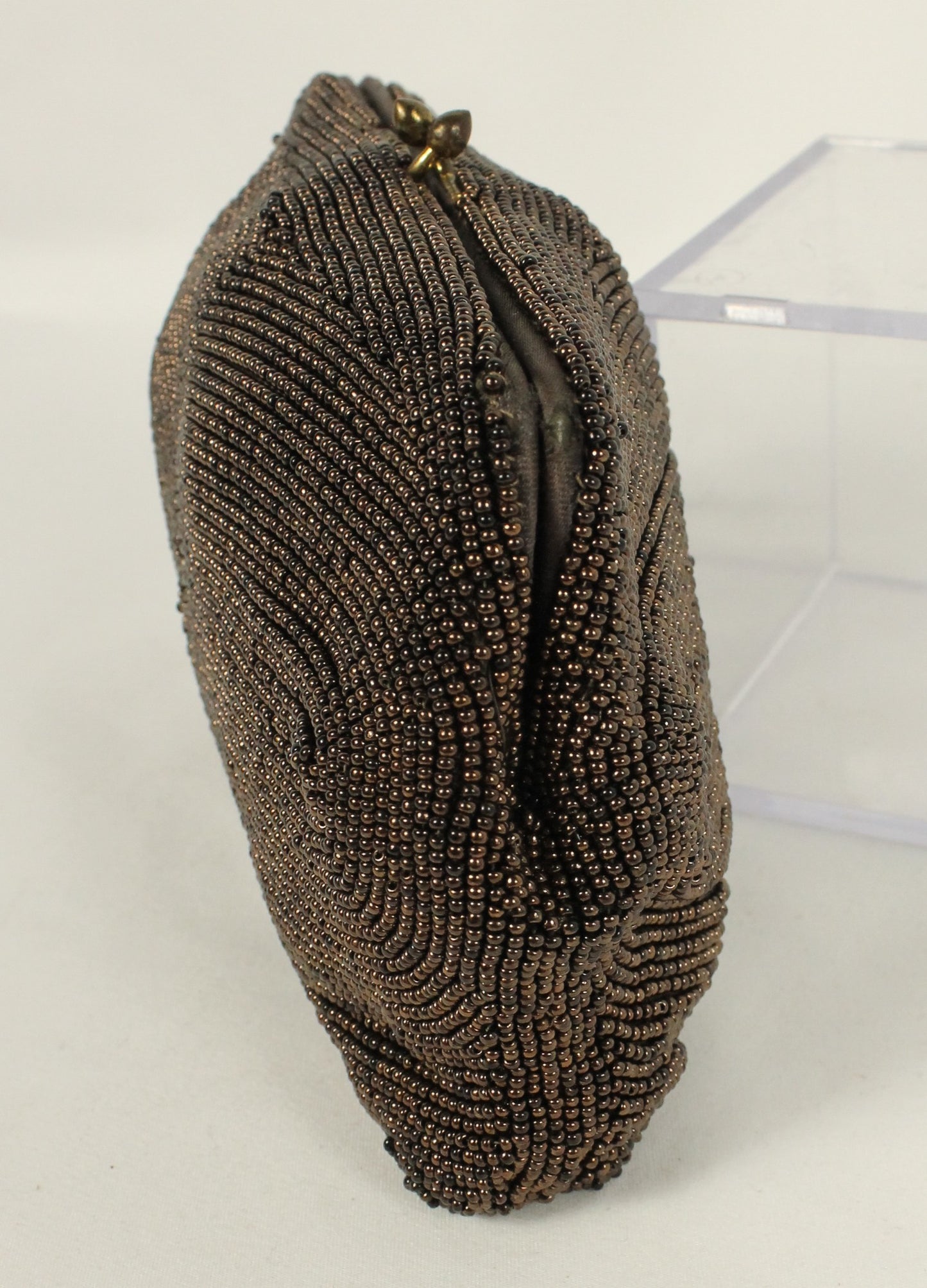 Exquisite Hand-Beaded Pouch Clutch - Belgian Vintage - Brown Bronze Wavy Pattern