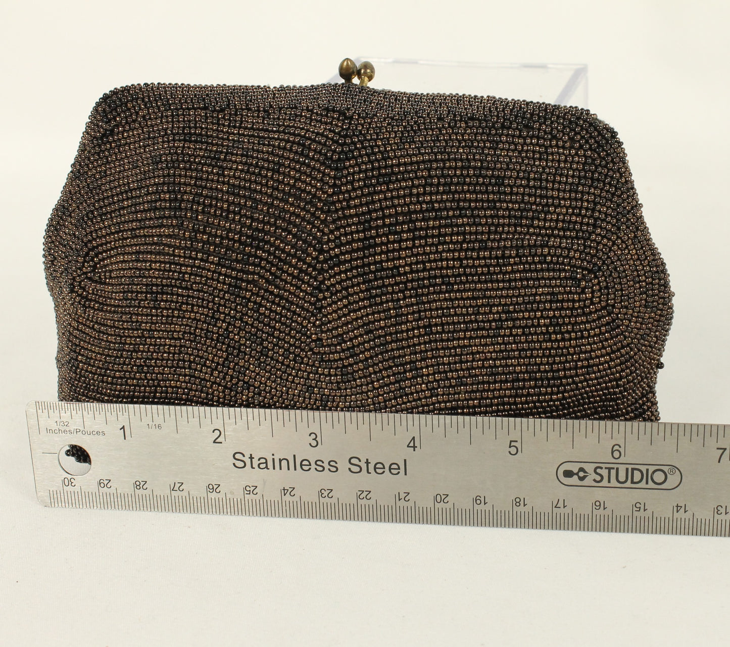 Exquisite Hand-Beaded Pouch Clutch - Belgian Vintage - Brown Bronze Wavy Pattern