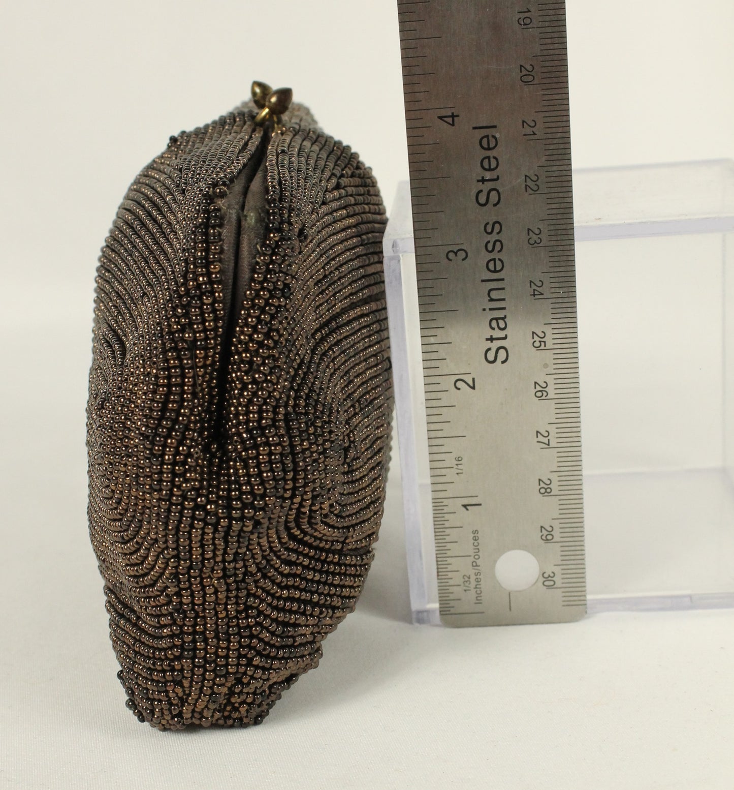 Exquisite Hand-Beaded Pouch Clutch - Belgian Vintage - Brown Bronze Wavy Pattern