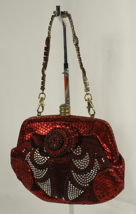 Red Rhinestone Clutch Purse | Metallic Snakeskin Embossed Evening Bag with Detachable Chain