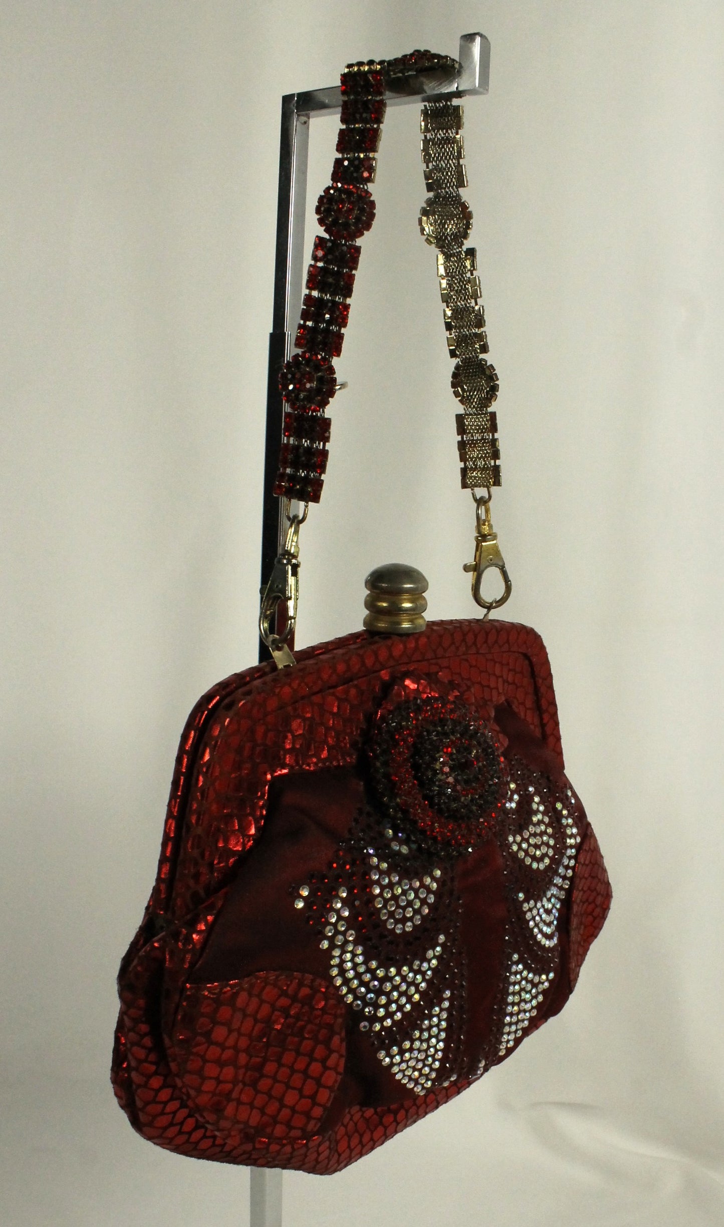 Red Rhinestone Clutch Purse | Metallic Snakeskin Embossed Evening Bag with Detachable Chain