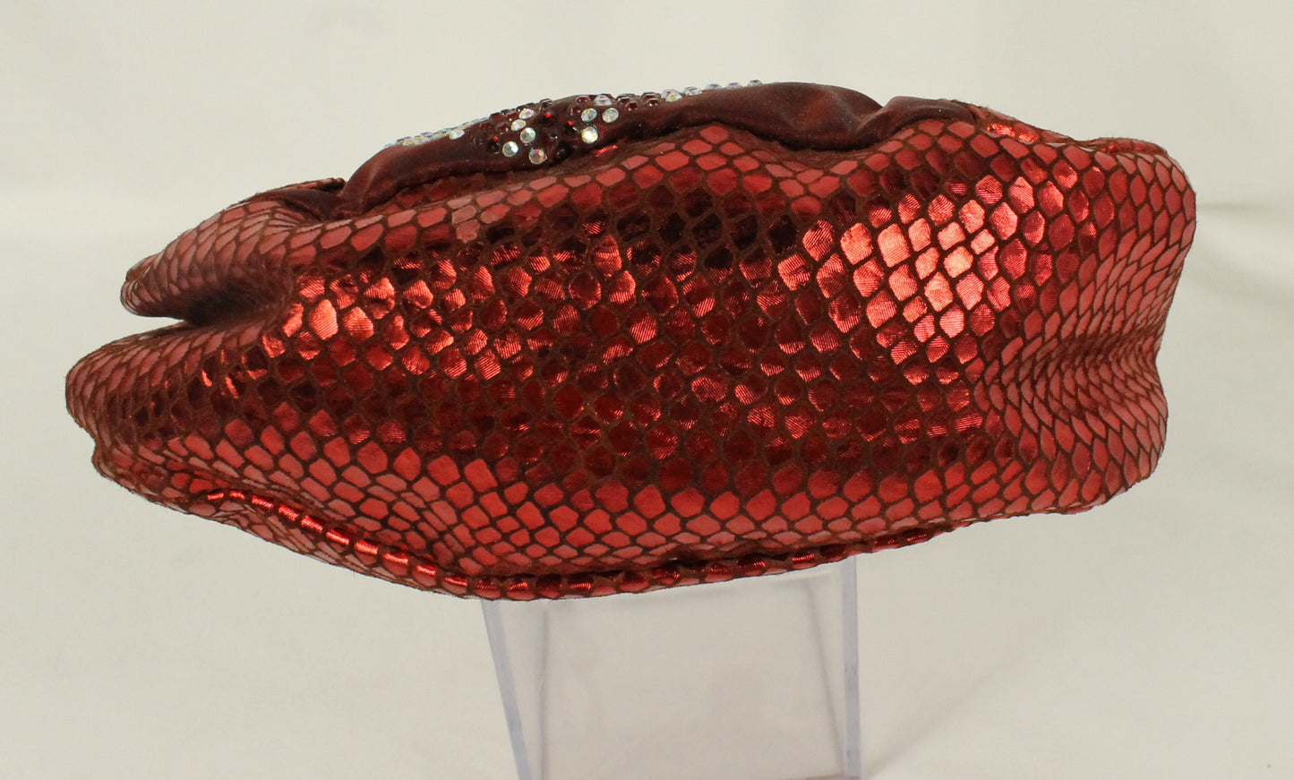 Red Rhinestone Clutch Purse | Metallic Snakeskin Embossed Evening Bag with Detachable Chain