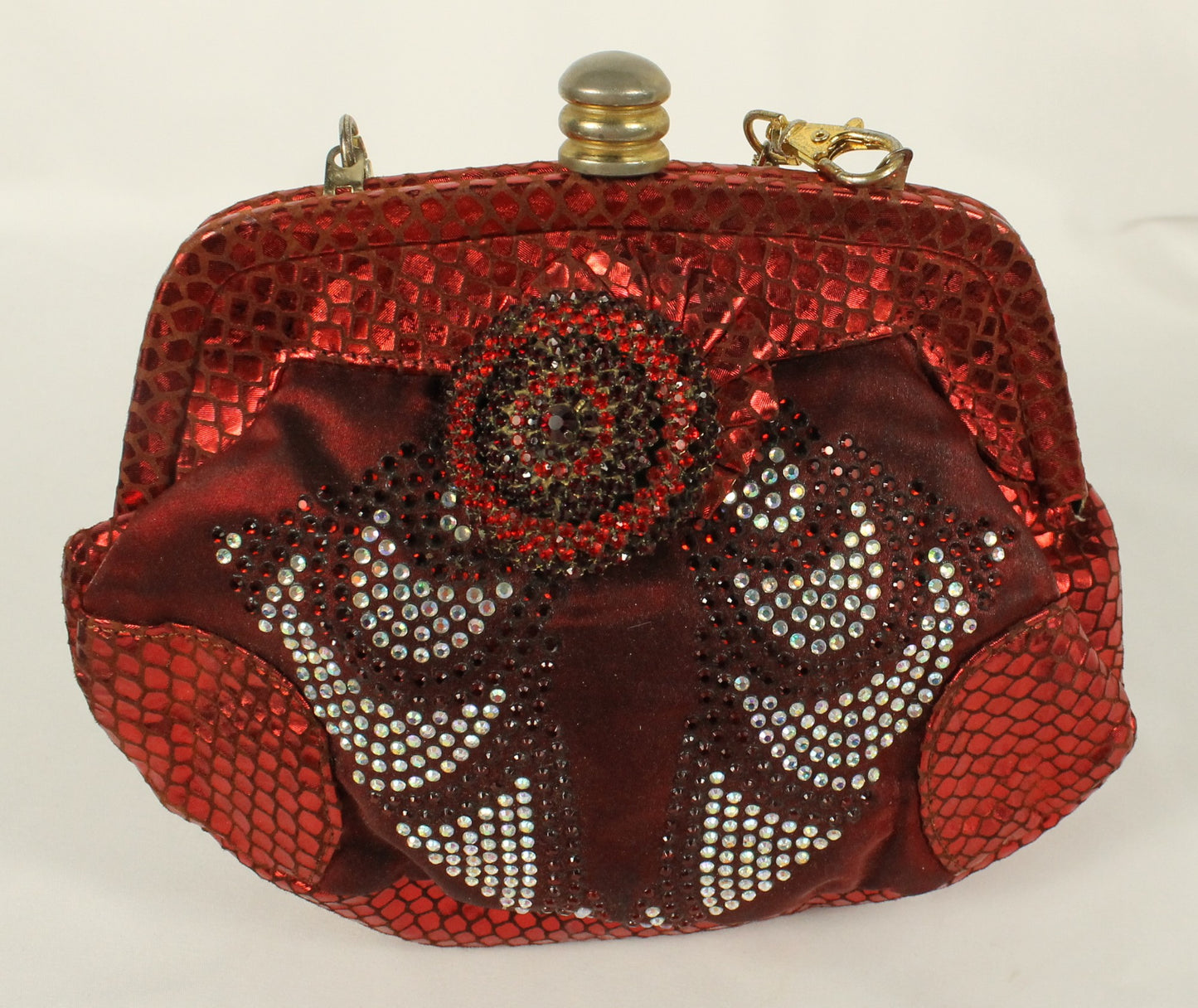 Red Rhinestone Clutch Purse | Metallic Snakeskin Embossed Evening Bag with Detachable Chain
