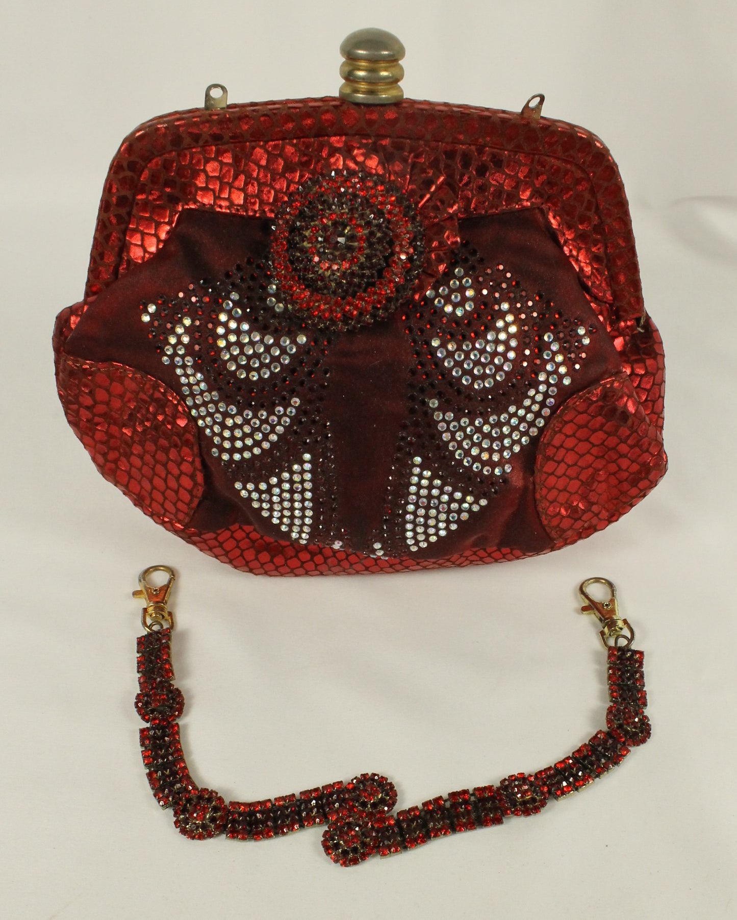 Red Rhinestone Clutch Purse | Metallic Snakeskin Embossed Evening Bag with Detachable Chain