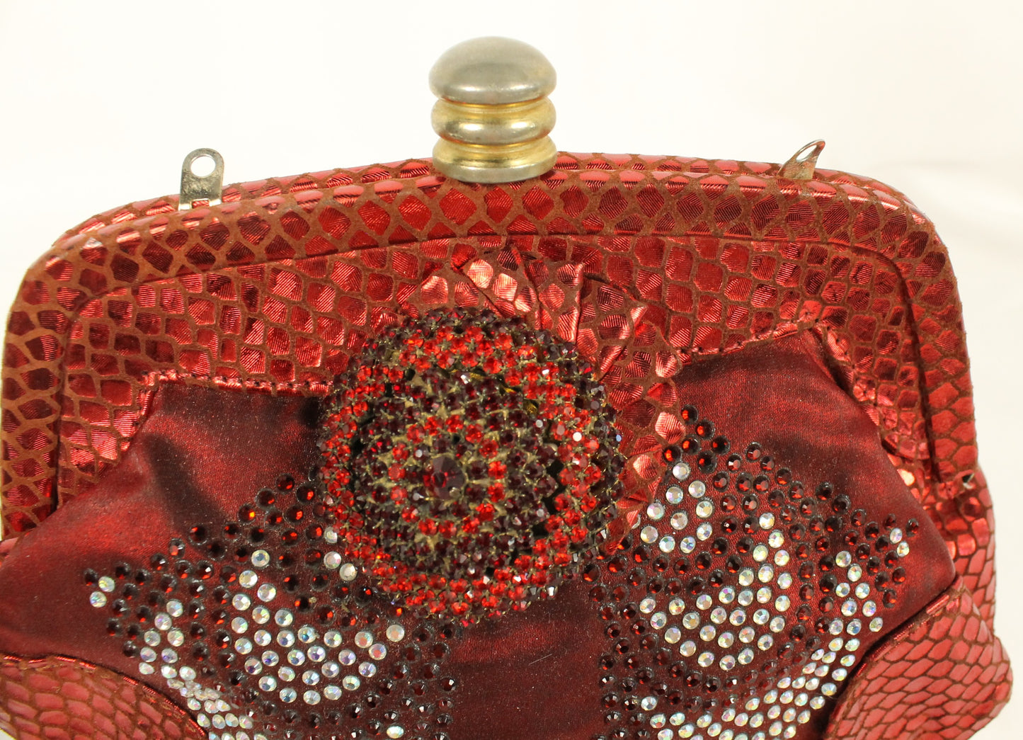 Red Rhinestone Clutch Purse | Metallic Snakeskin Embossed Evening Bag with Detachable Chain