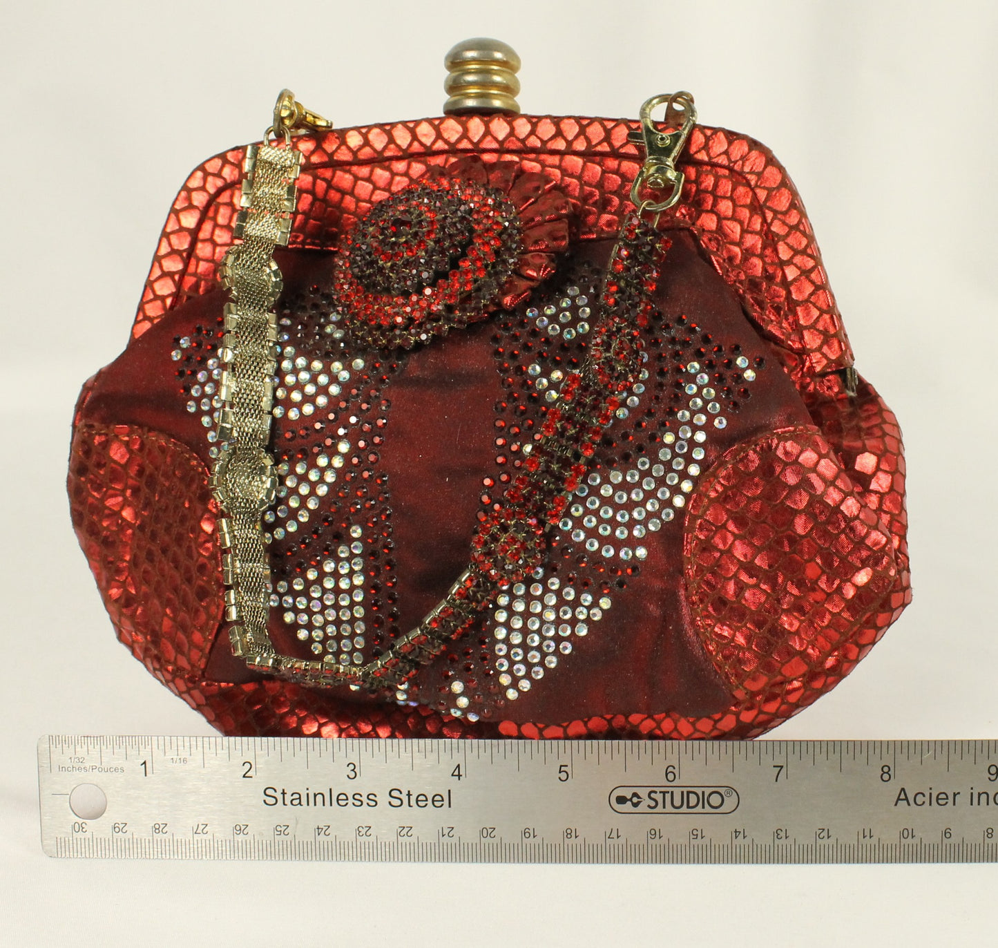 Red Rhinestone Clutch Purse | Metallic Snakeskin Embossed Evening Bag with Detachable Chain