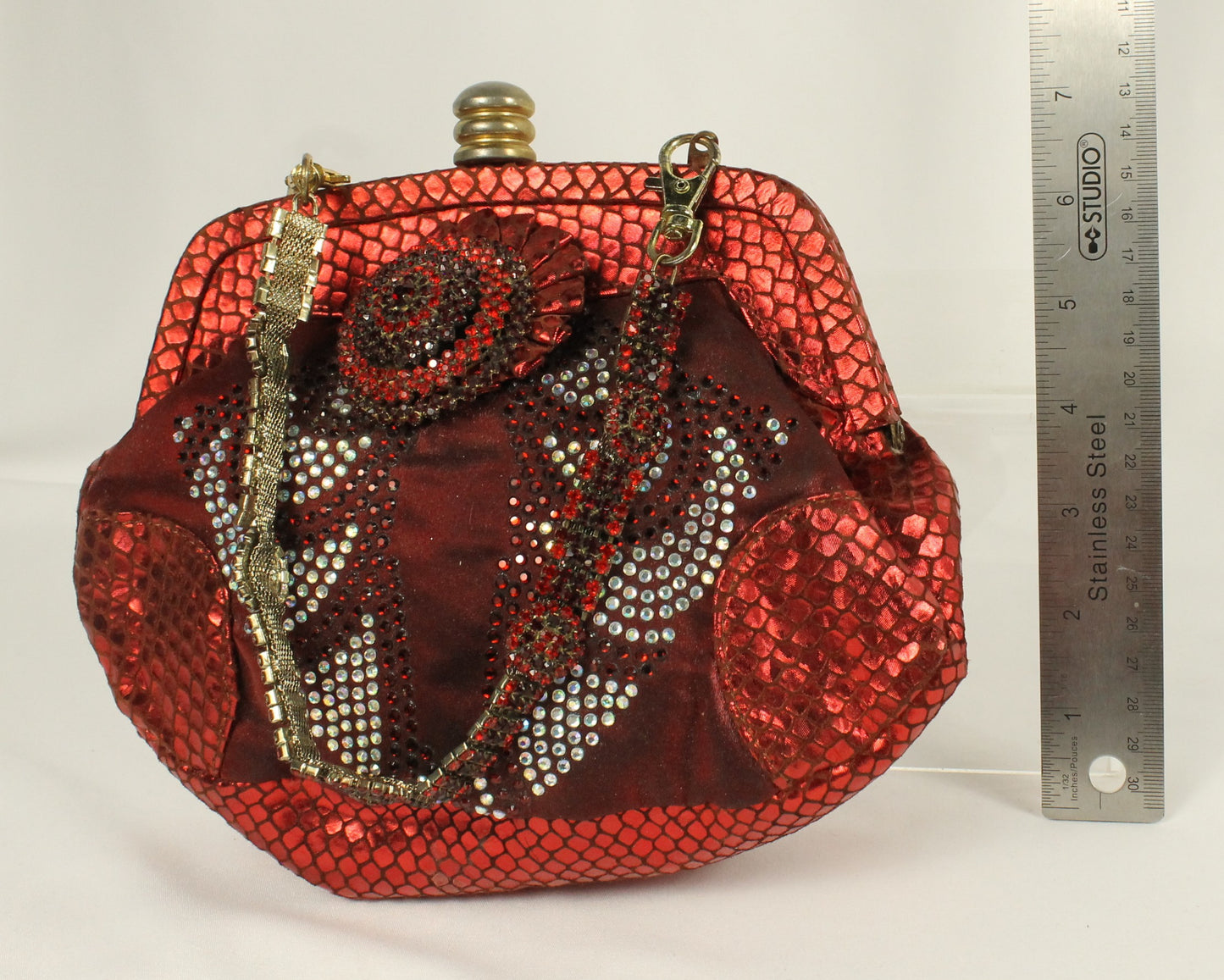 Red Rhinestone Clutch Purse | Metallic Snakeskin Embossed Evening Bag with Detachable Chain