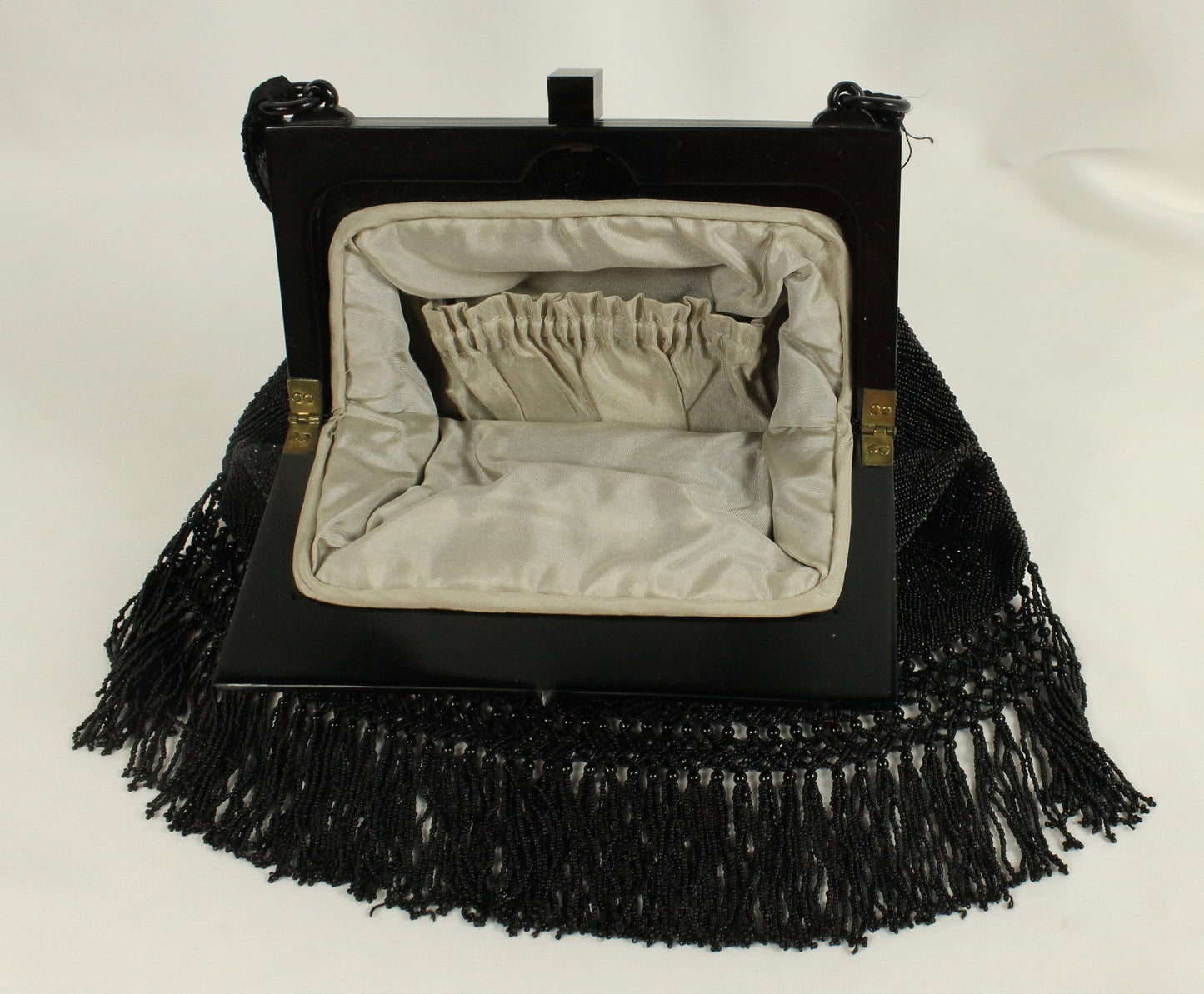 Vintage Black Micro-Beaded Evening Bag with Fringe | Art Deco Style Lucite/Celluloid Frame & Closure