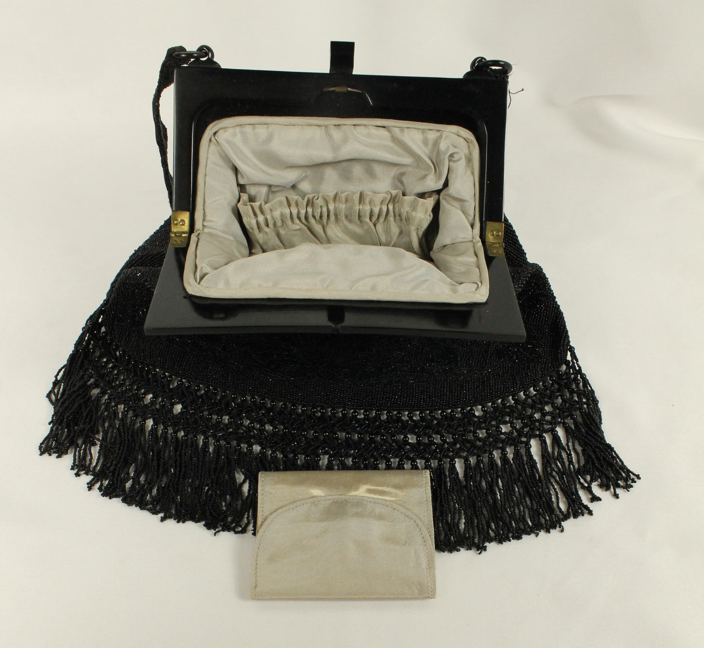 Vintage Black Micro-Beaded Evening Bag with Fringe | Art Deco Style Lucite/Celluloid Frame & Closure
