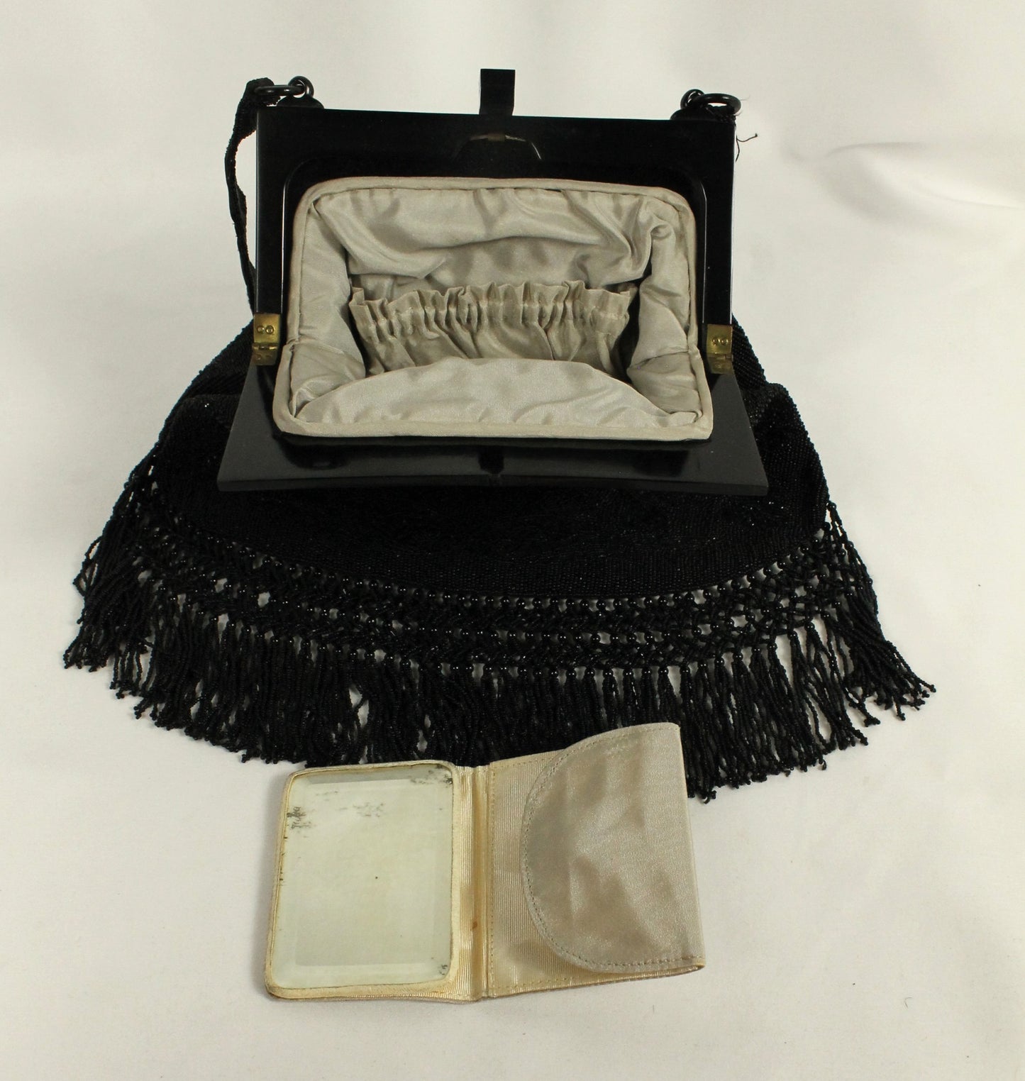 Vintage Black Micro-Beaded Evening Bag with Fringe | Art Deco Style Lucite/Celluloid Frame & Closure