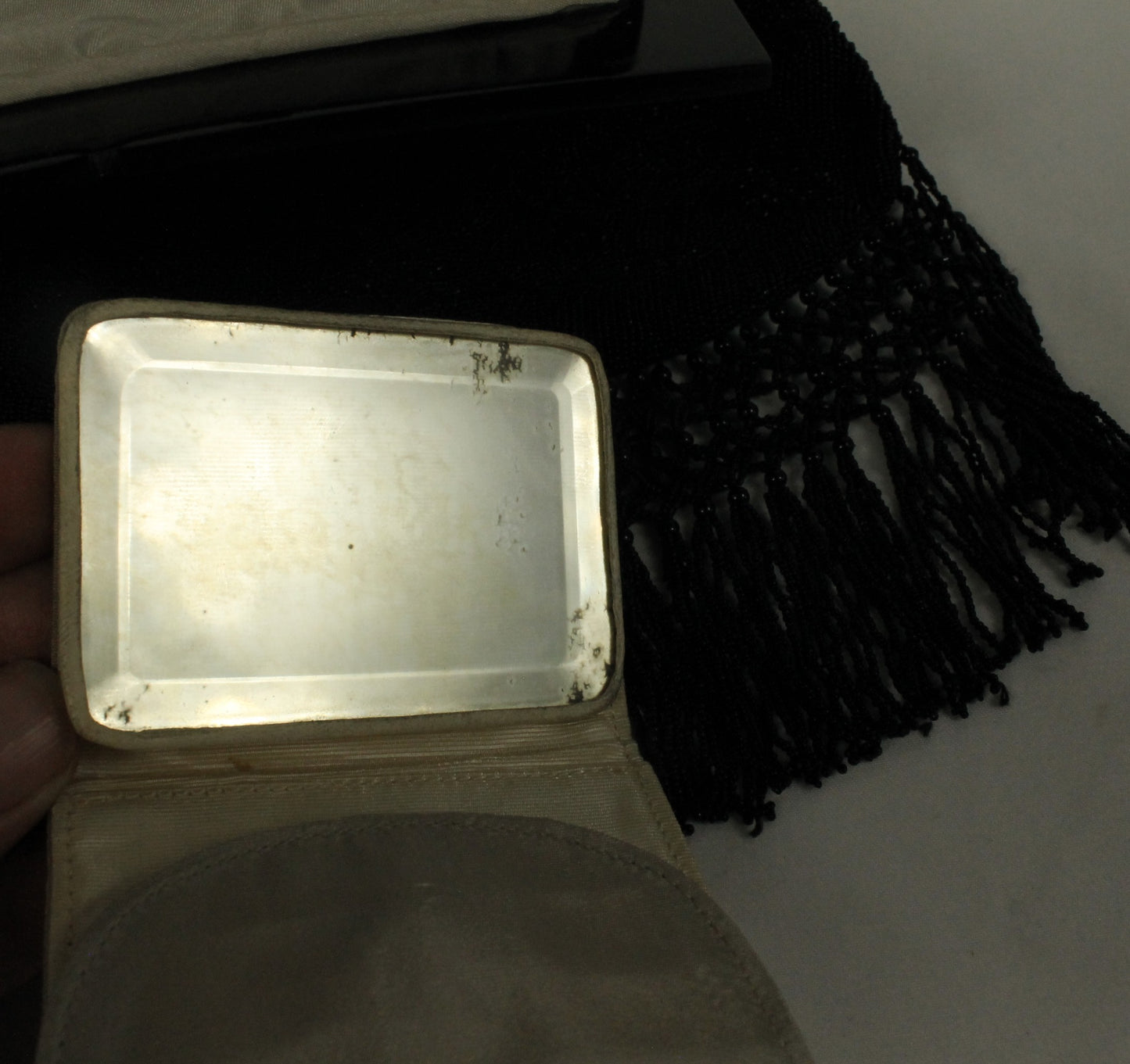 Vintage Black Micro-Beaded Evening Bag with Fringe | Art Deco Style Lucite/Celluloid Frame & Closure