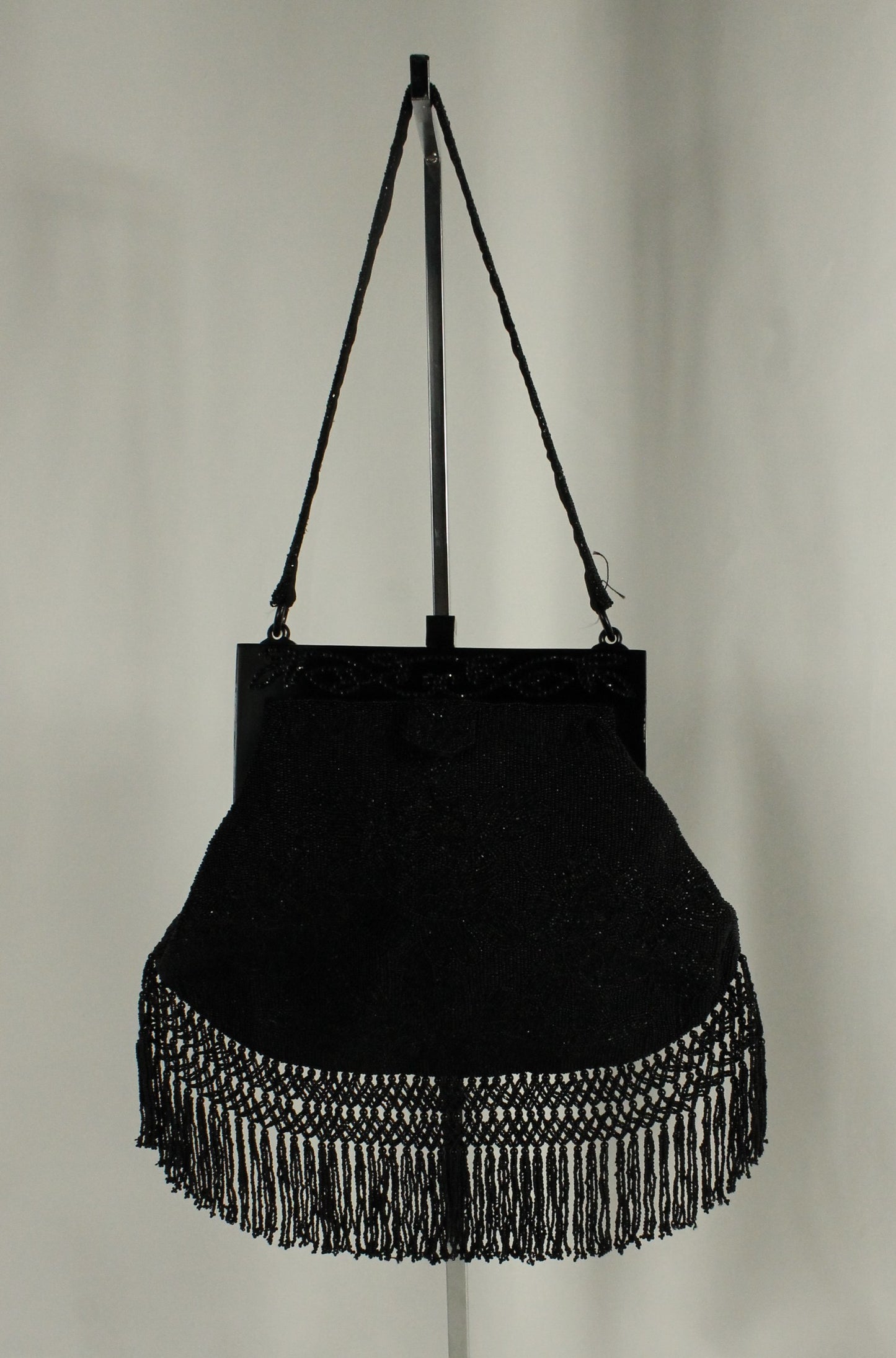 Vintage Black Micro-Beaded Evening Bag with Fringe | Art Deco Style Lucite/Celluloid Frame & Closure