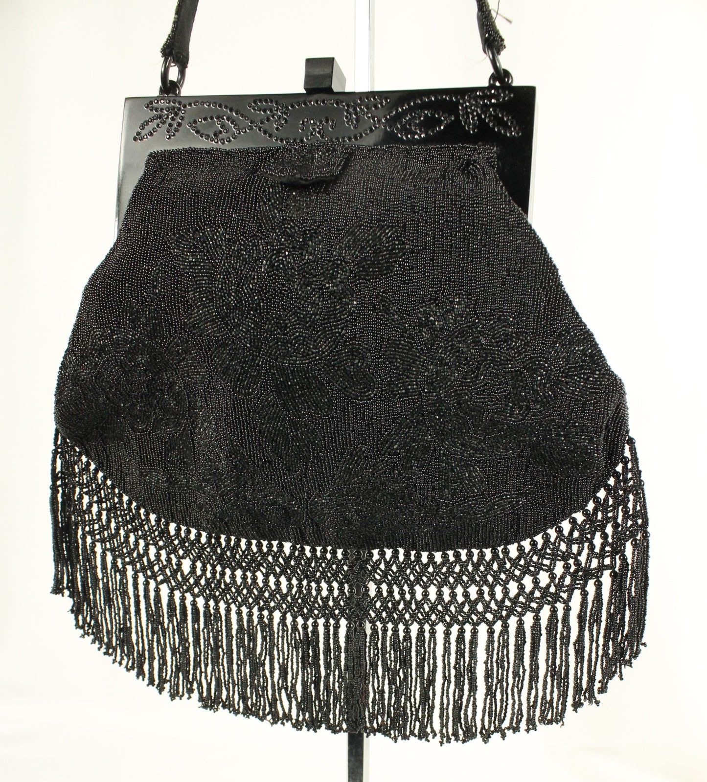 Vintage Black Micro-Beaded Evening Bag with Fringe | Art Deco Style Lucite/Celluloid Frame & Closure