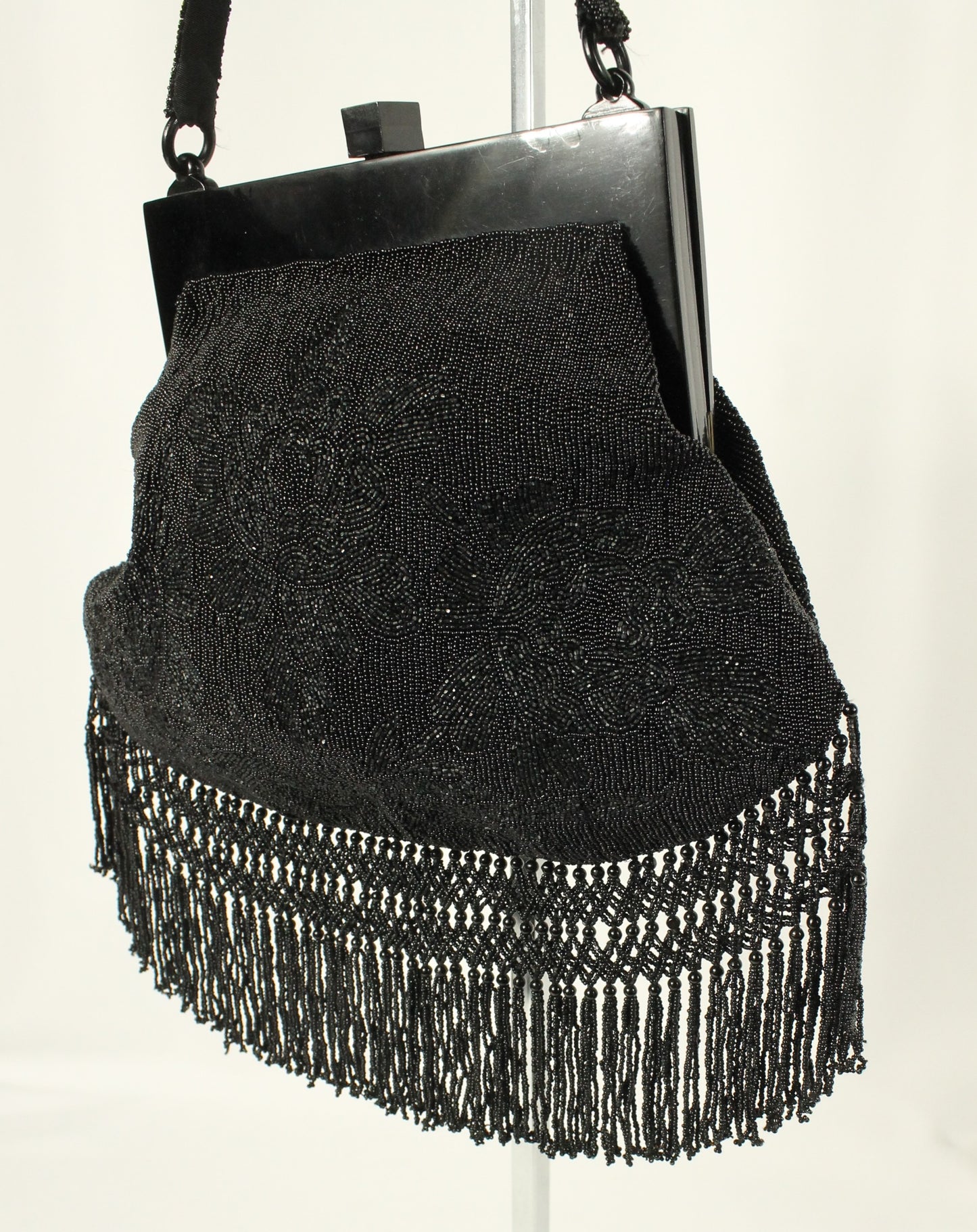 Vintage Black Micro-Beaded Evening Bag with Fringe | Art Deco Style Lucite/Celluloid Frame & Closure