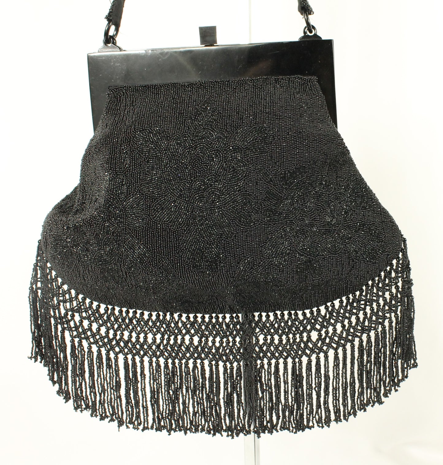 Vintage Black Micro-Beaded Evening Bag with Fringe | Art Deco Style Lucite/Celluloid Frame & Closure