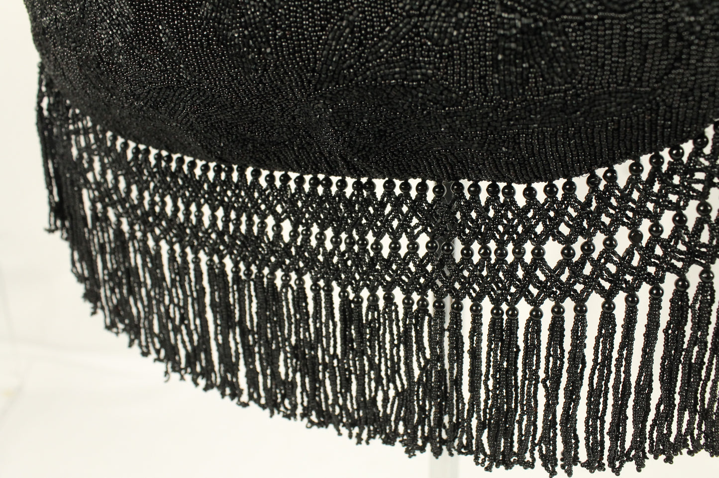 Vintage Black Micro-Beaded Evening Bag with Fringe | Art Deco Style Lucite/Celluloid Frame & Closure