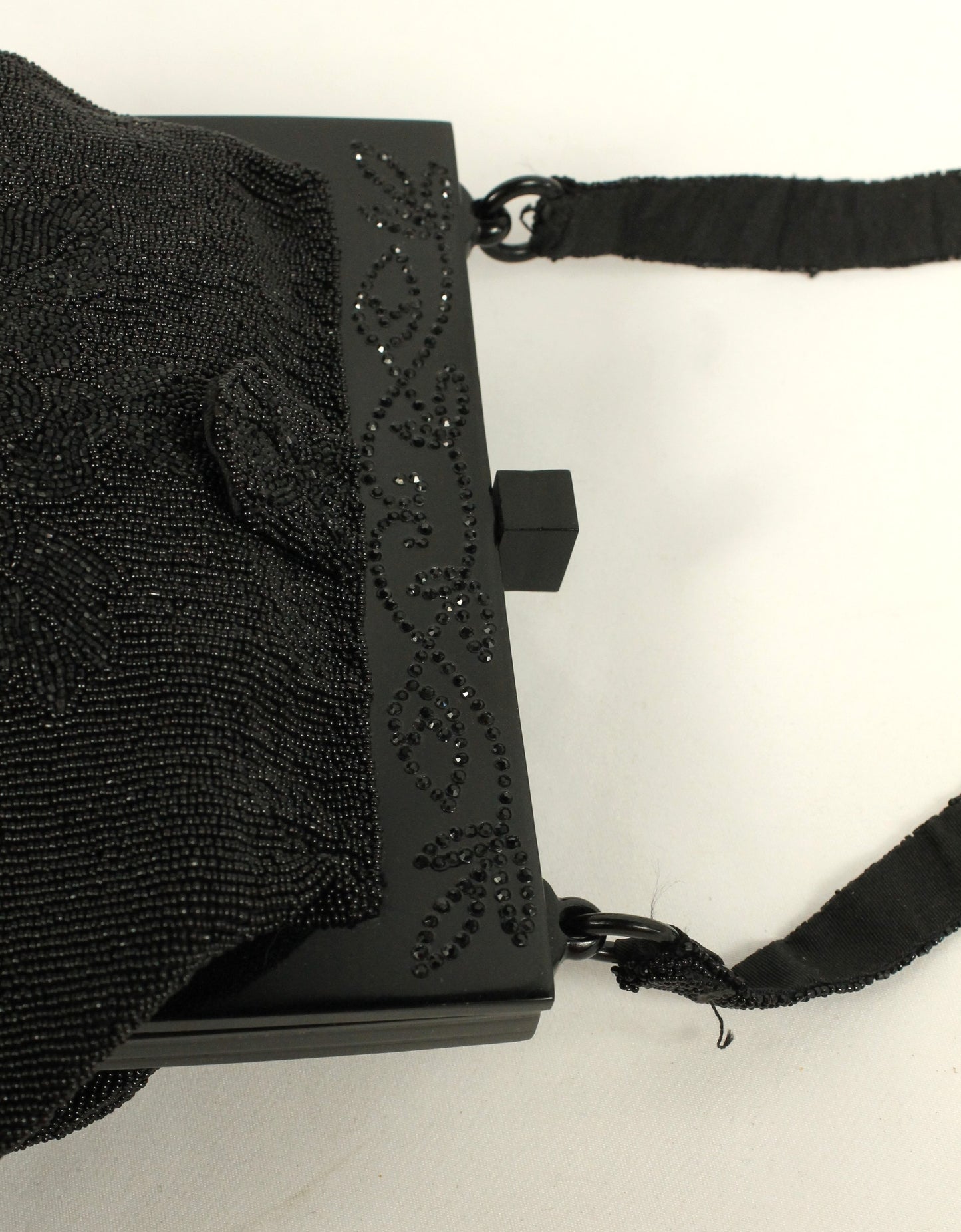 Vintage Black Micro-Beaded Evening Bag with Fringe | Art Deco Style Lucite/Celluloid Frame & Closure