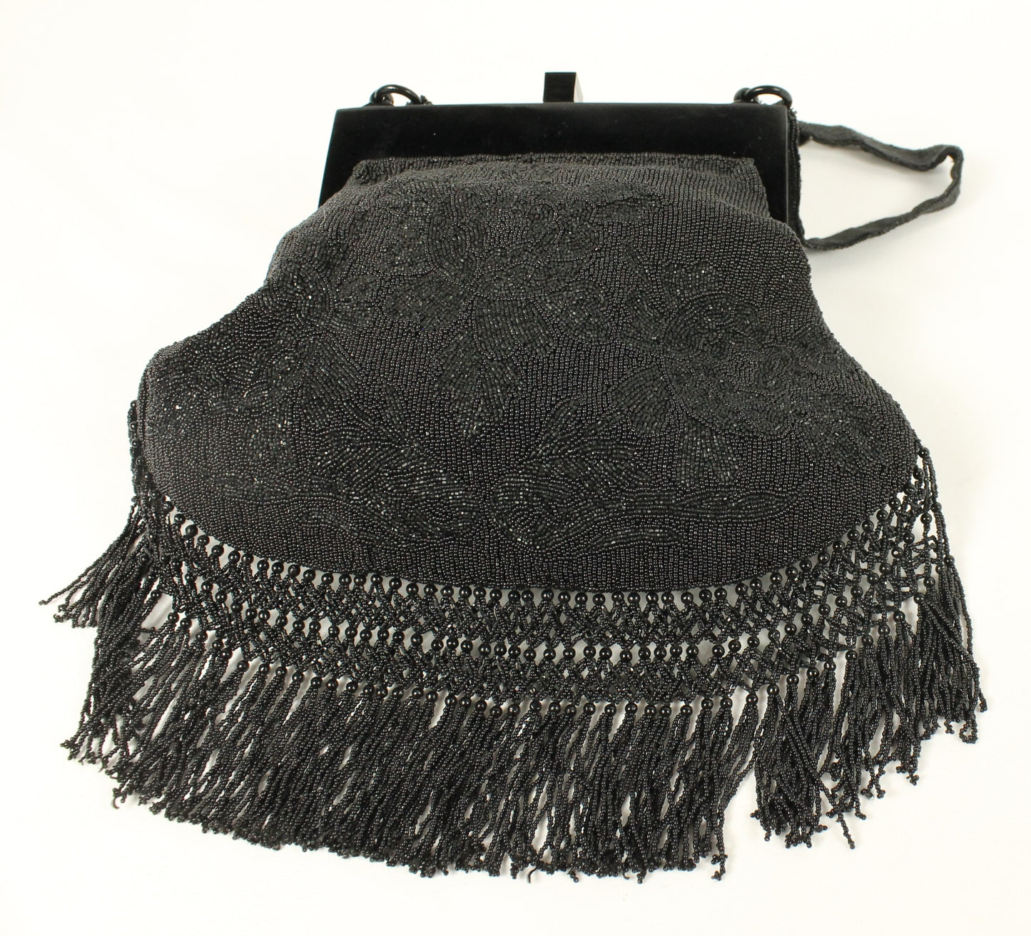 Vintage Black Micro-Beaded Evening Bag with Fringe | Art Deco Style Lucite/Celluloid Frame & Closure