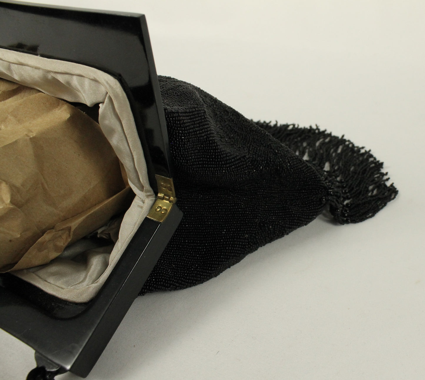 Vintage Black Micro-Beaded Evening Bag with Fringe | Art Deco Style Lucite/Celluloid Frame & Closure