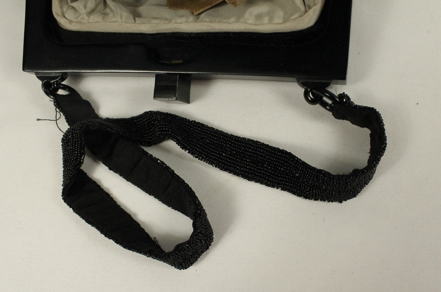 Vintage Black Micro-Beaded Evening Bag with Fringe | Art Deco Style Lucite/Celluloid Frame & Closure